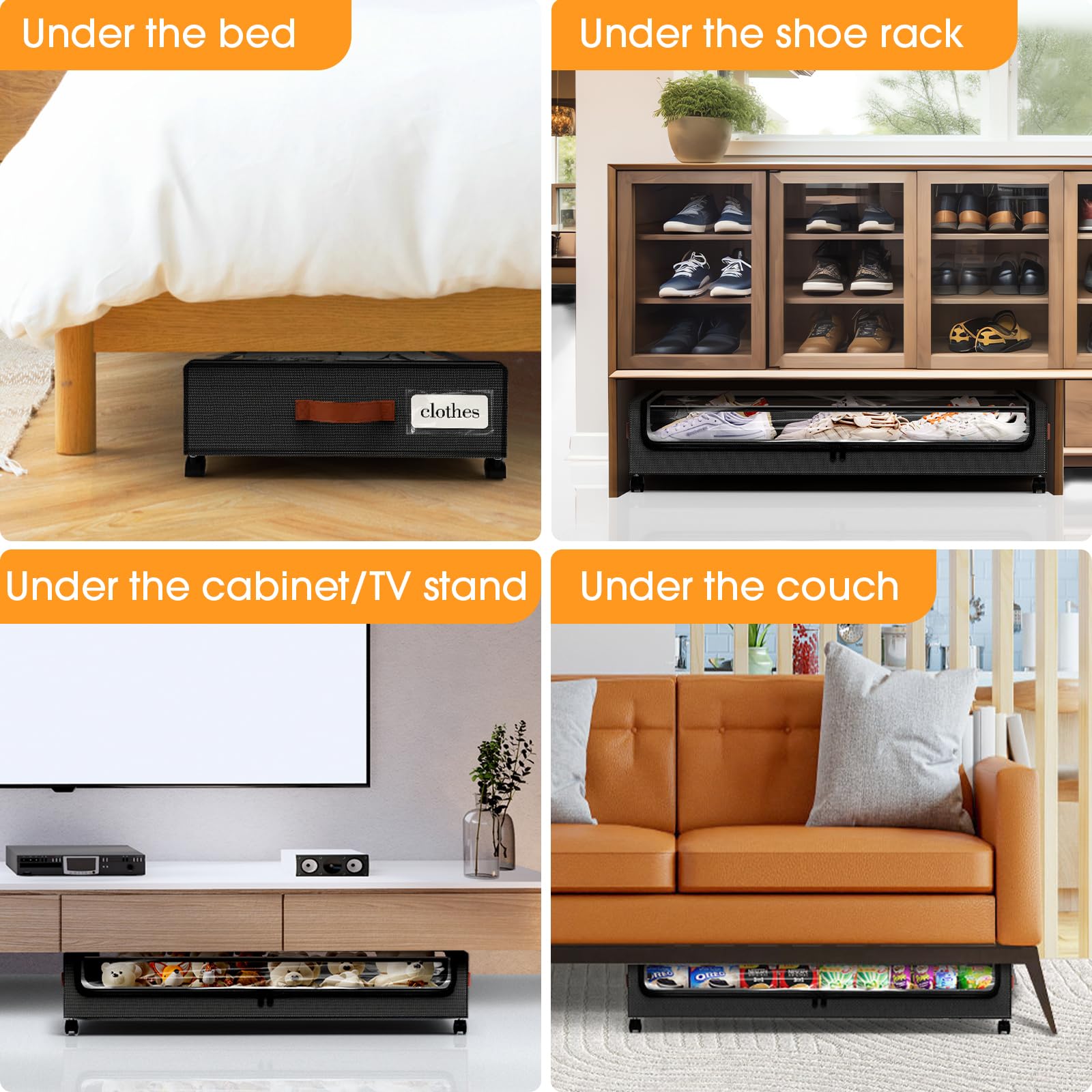SpaceHacks Under Bed Storage with Wheels 1Pack Underbed Storage with Clear Window&Label Under Bed Drawers Large Capacity Rolling Under Bed Storage for Clothes,Shoes, Blankets (Beige)