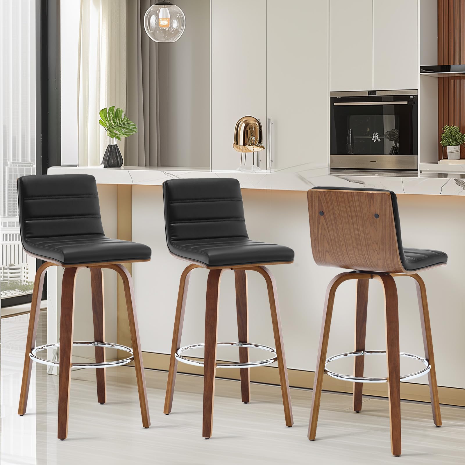 Bar Stools 29 Inch Bar Height, Swivel Bar Stools with Backs Upholstered PU Leather Barstool, L Shape Back and Padded Seat, Mid-Century Modern Bar Stool Pub Chairs for Kitchen Counter Island, Black
