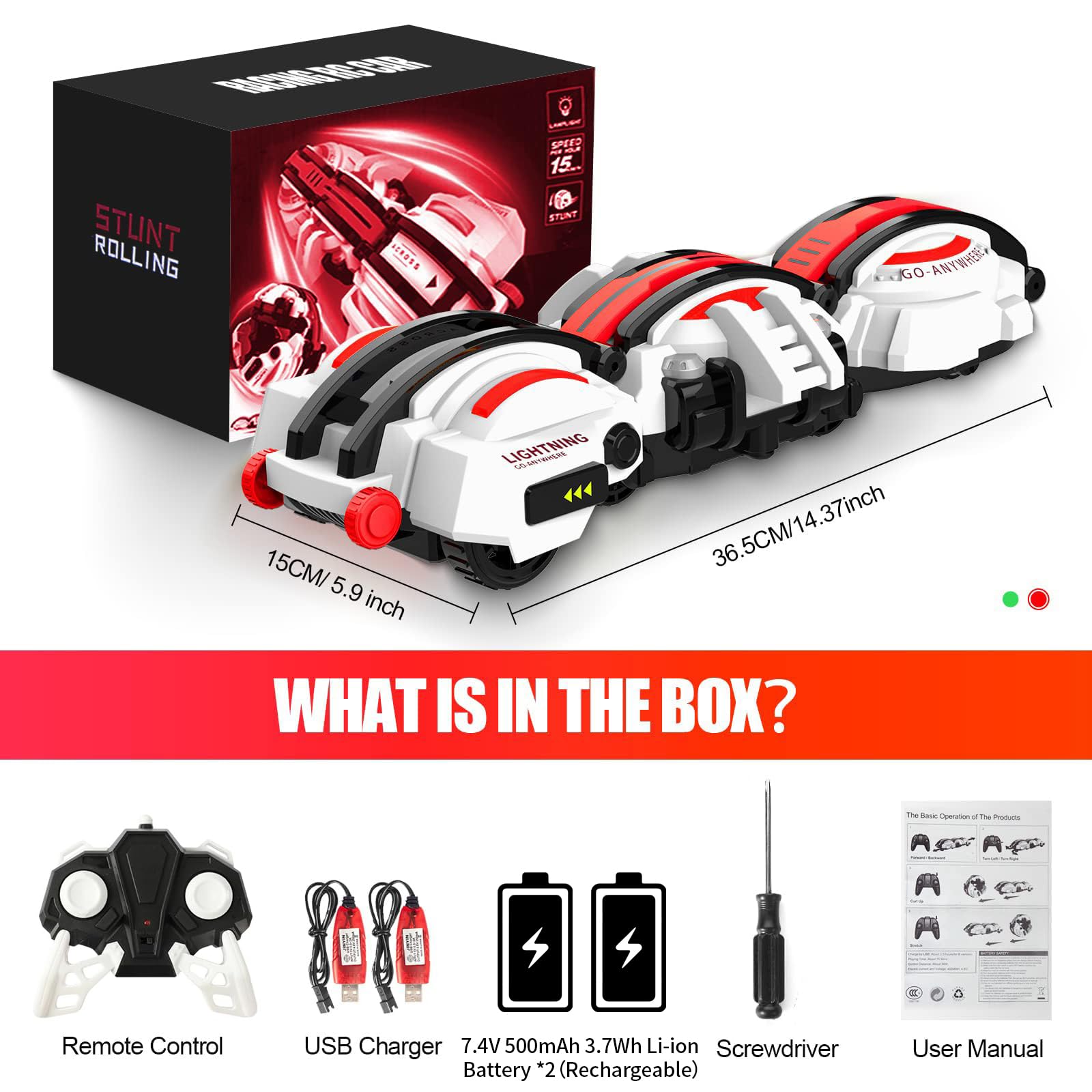 BAZADER RC Car with LED Lights - Remote Control Car Snakes 360° Roll Toy, Birthday for Kids Age 7 8 9 10 11+ Year Old, 2 Batteries 60+min, Indoor/Outdoor Toy for 6-12 yr Teen Boys