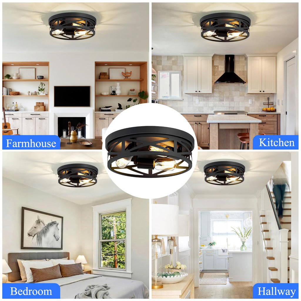 SKEJAO Flush Mount Ceiling Light Fixture,Black 2-Light Hallway Light Fixtures Ceiling,Light Fixtures Ceiling Mount for Farmhouse,Kitchen,Hall,Bedroom,Bathroom (2 Pack)