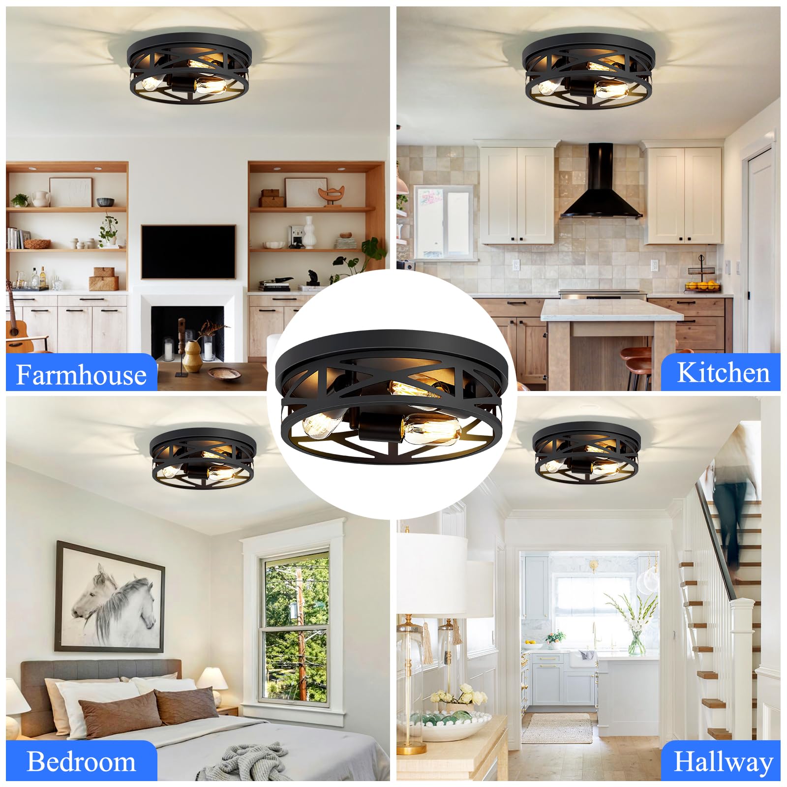 SKEJAO Flush Mount Ceiling Light Fixture,Black 2-Light Hallway Light Fixtures Ceiling,Light Fixtures Ceiling Mount for Farmhouse,Kitchen,Hall,Bedroom,Bathroom (2 Pack)