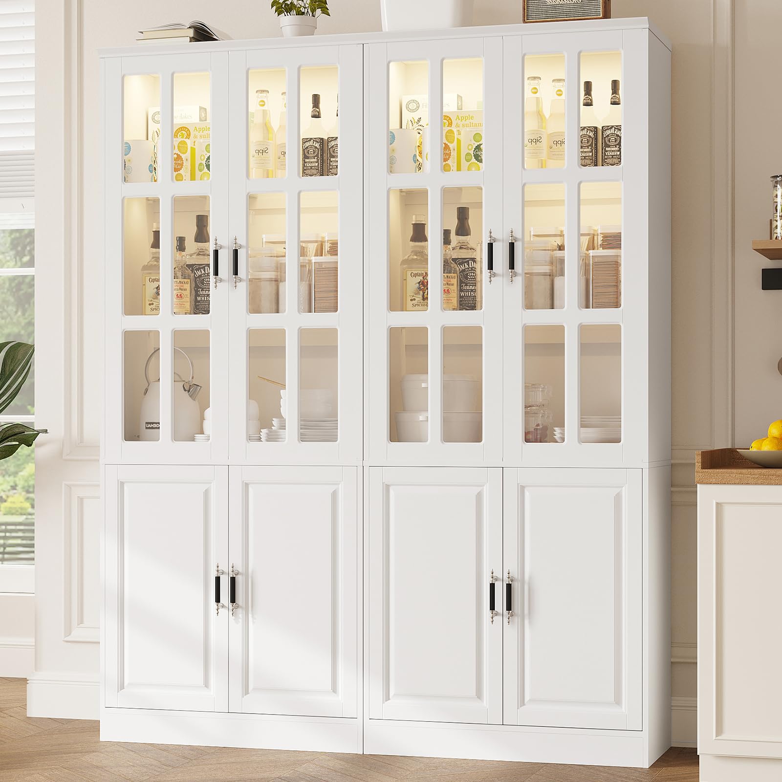 MEISSALIVVE Kitchen Pantry Storage Cabinet with LED Lights, 78.7" Tall with Glass Doors & Drawers, Freestanding Utility Cabinet, Black (31.5" W x 15.7" D)