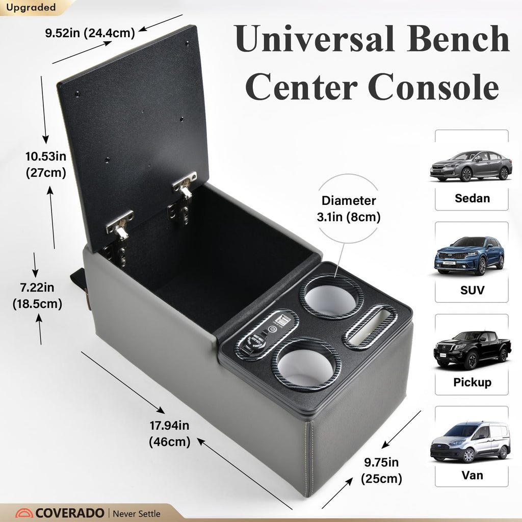 Coverado Car Center Console, Universal Rear Bench Seat Consoles, Truck Seat Organizer and Storage, Back Seat Car Organizer with Cup Holder, Large Storage Box, Central Armrest Box (Regular, Beige)