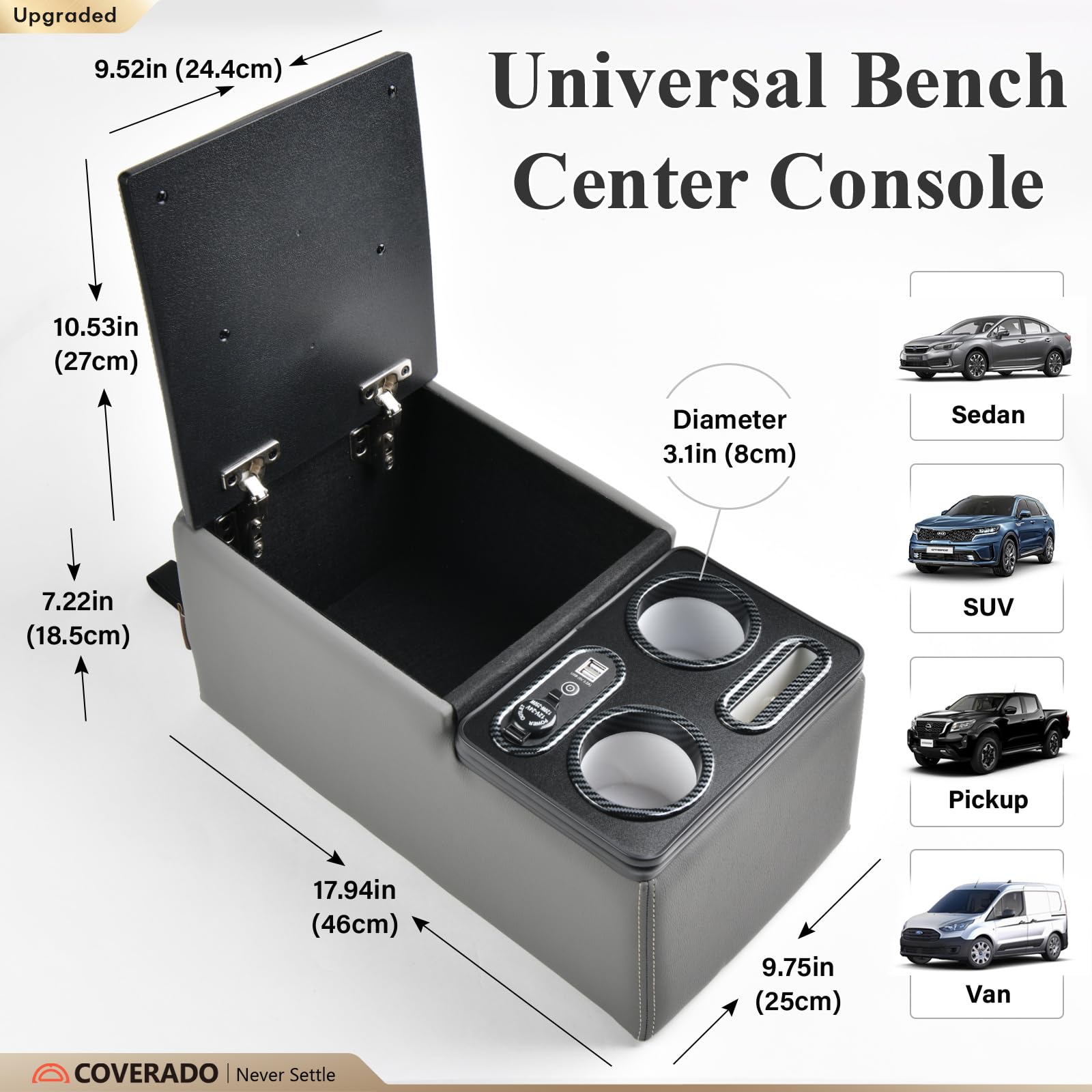Coverado Car Center Console, Universal Rear Bench Seat Consoles, Truck Seat Organizer and Storage, Back Seat Car Organizer with Cup Holder, Large Storage Box, Central Armrest Box (Regular, Beige)