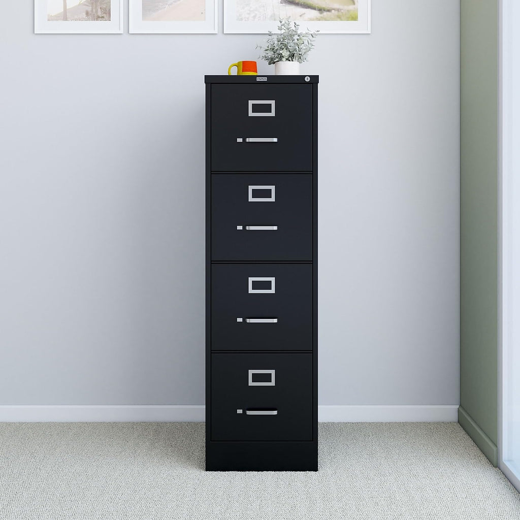 Staples 4-Drawer Vertical File Cabinet, Letter Size Documents, Lockable, 25" D x 15" W x 51.97" H, Black