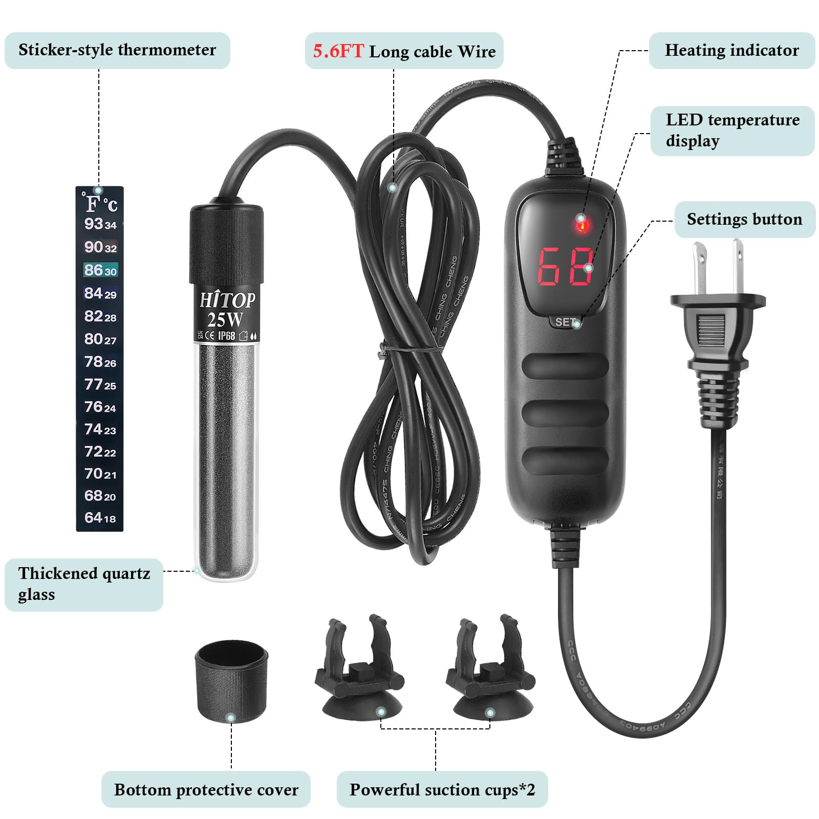 HITOP Compact Submersible Aquarium Heater -25W Digital Heater for Fish Tank Turtle Tank, for Saltwater and Fresh Water with Temperature Controller