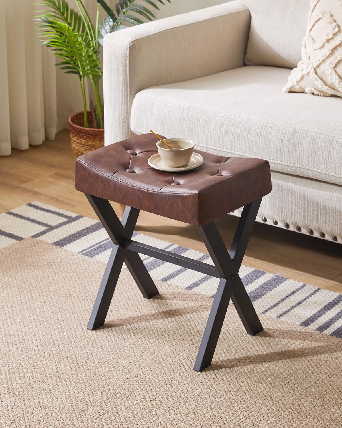 IBUYKE U-Shaped PU Vanity Stool, Square Makeup Chair with X-Leg, Ottoman Seat Footrest Stool, Multi-Use as Small Side Table, for Bedroom, Living Room, Black WBD019B