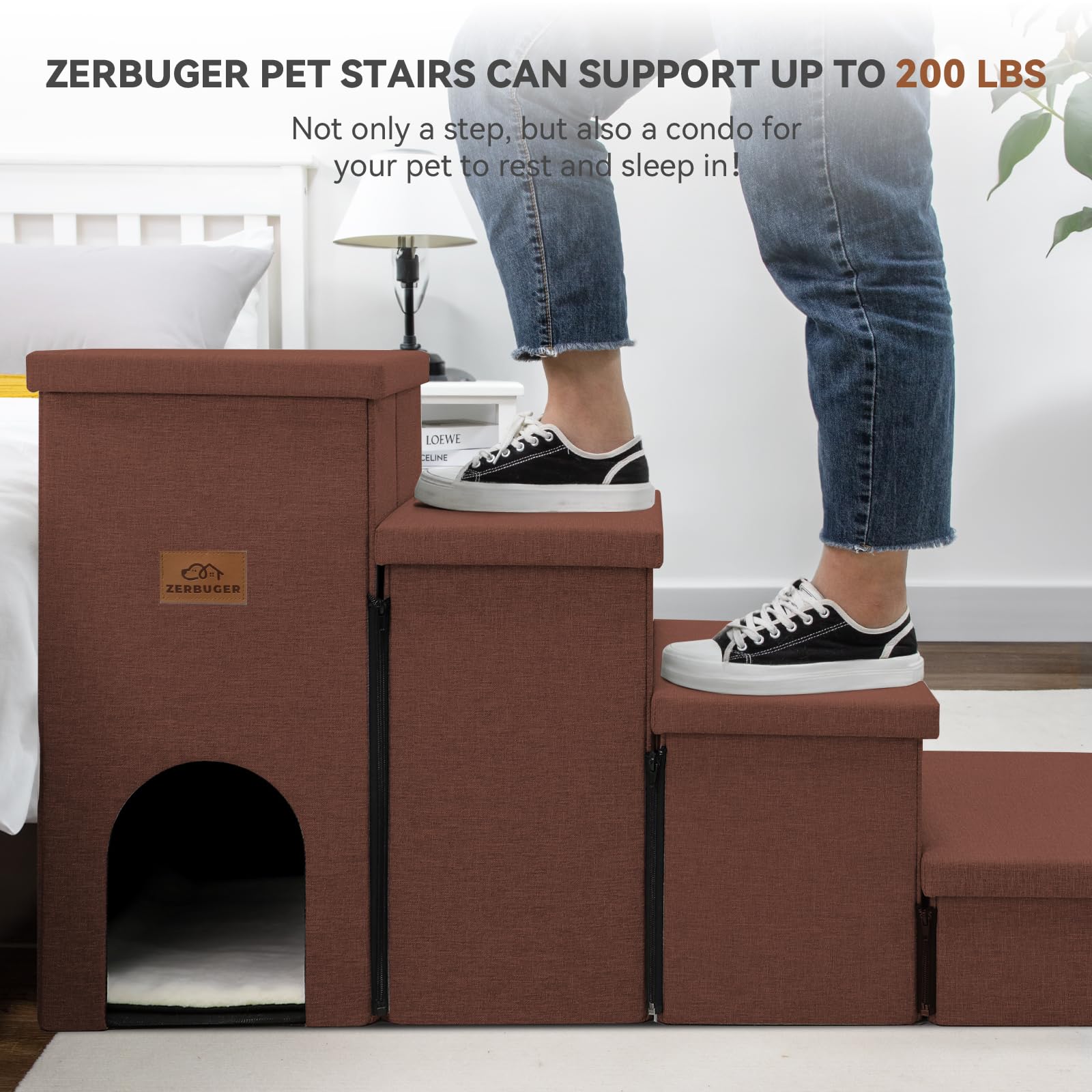 Zerbuger Dog Stairs with Condo 15" H, 2-Step Wider Dog Steps for Small/Medium/Large Old Dogs Cats, Folding Sturdy Storage Pet Stairs Climbing Bed Couch, Ramp for Car Hold Up to 150 lbs, Beige