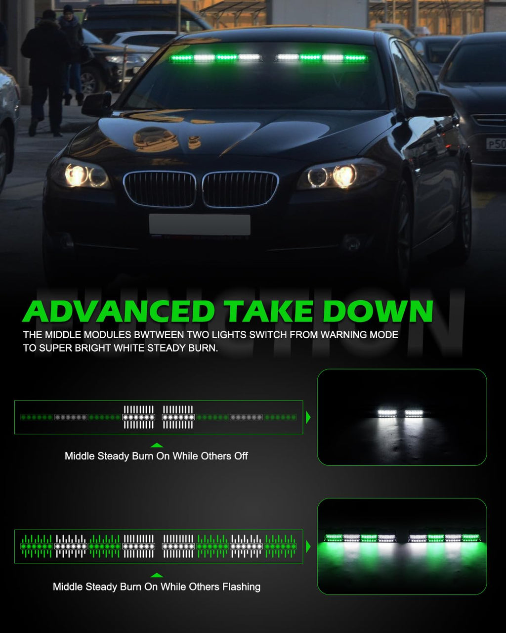 HLauto 604N Emergency Dash Strobe Lights: 2x16.8 inch Amber White Security Light w/Take Down, 48 LED Safety Flashing Warning Hazard Interior Windshield Light Bar for Truck Vehicle