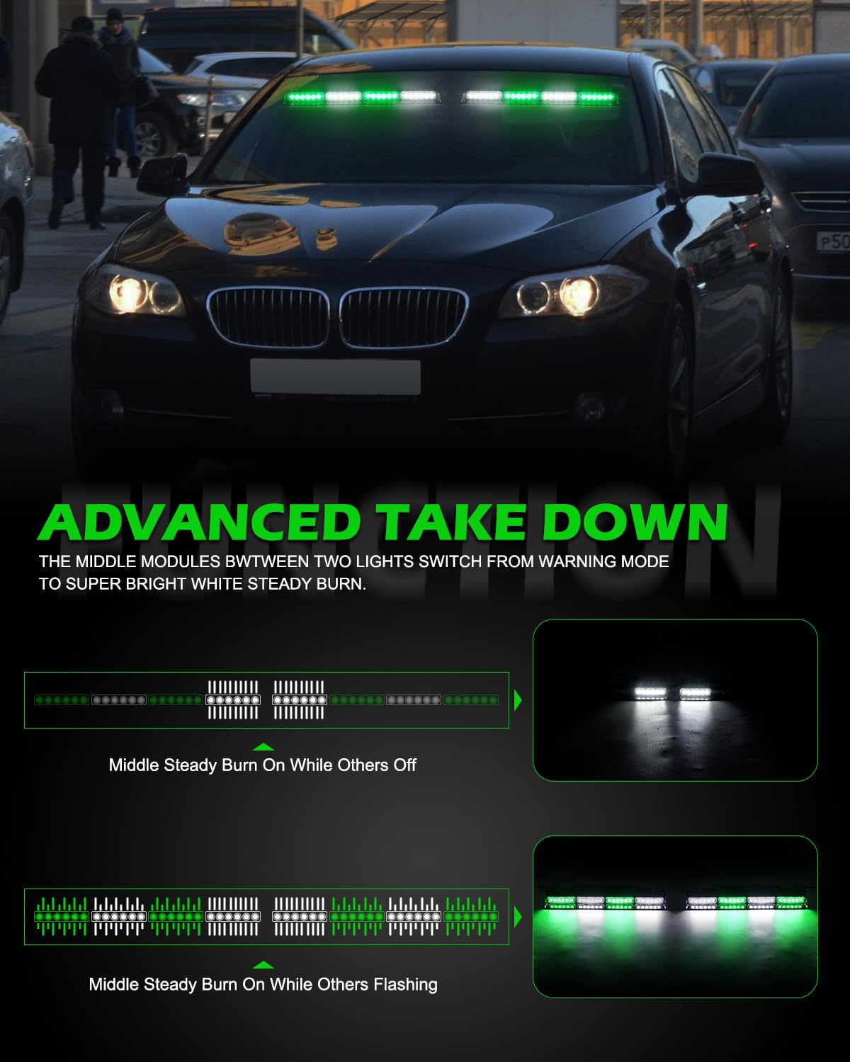 HLauto 604N Emergency Dash Strobe Lights: 2x16.8 inch Amber White Security Light w/Take Down, 48 LED Safety Flashing Warning Hazard Interior Windshield Light Bar for Truck Vehicle