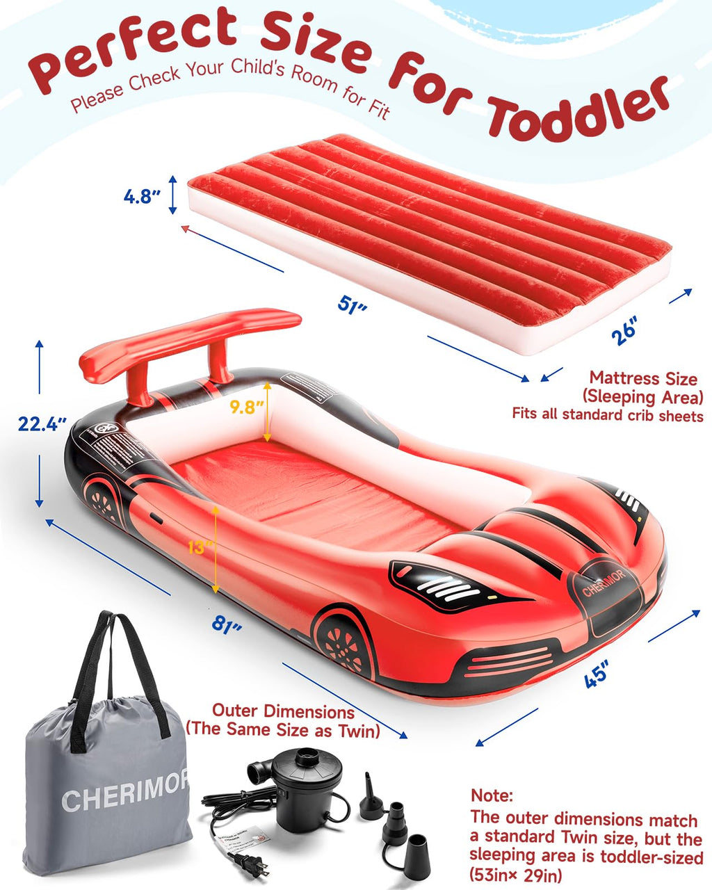 CHERIMOR Inflatable Toddler Travel Bed with Safety Bumpers & 2 Mins Auto Inflation Pump, Portable Toddler Kids Air Mattress with Carry Bag for Home Grandma's Sleepovers Travel Camping, 330lbs Support