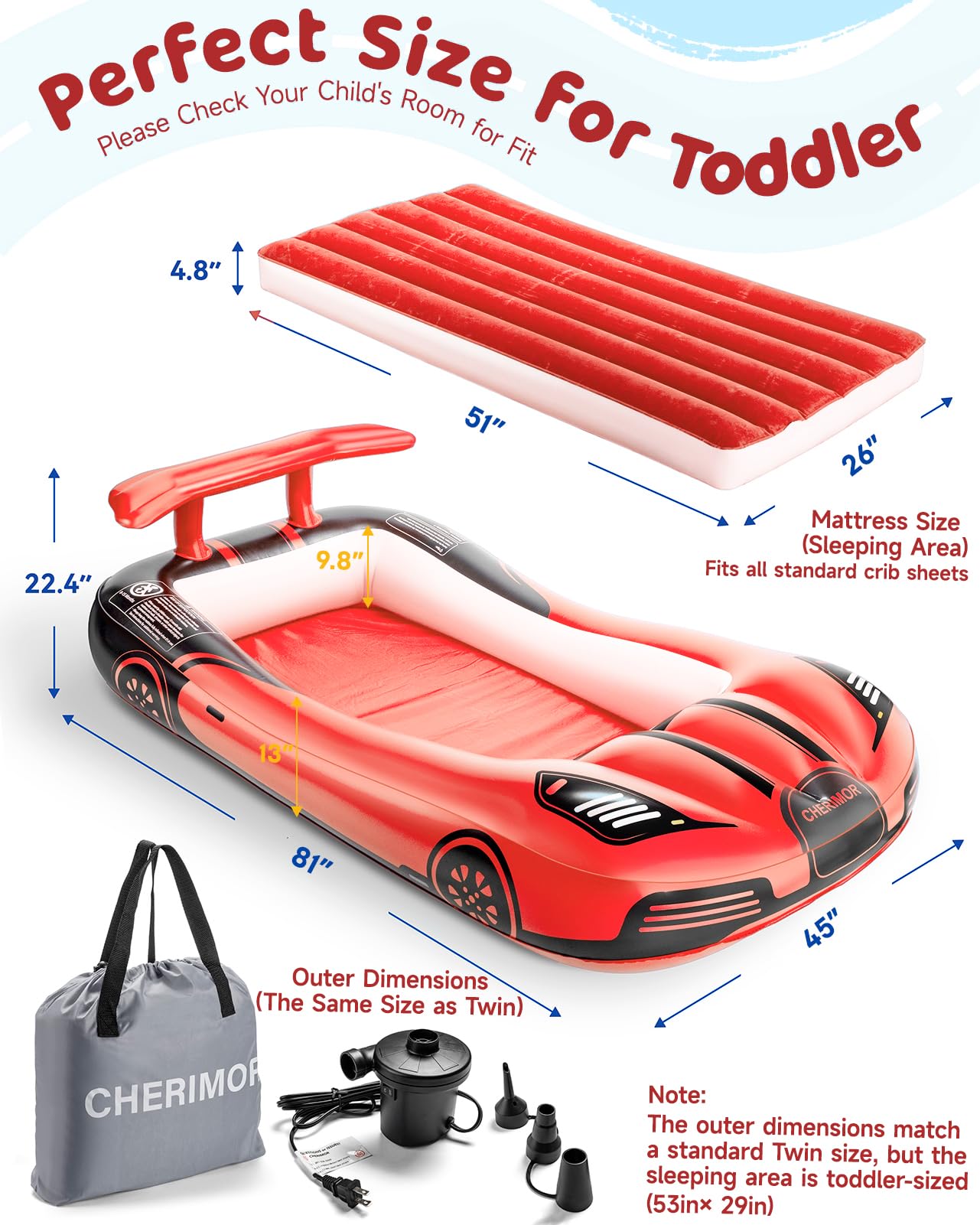 CHERIMOR Inflatable Toddler Travel Bed with Safety Bumpers & 2 Mins Auto Inflation Pump, Portable Toddler Kids Air Mattress with Carry Bag for Home Grandma's Sleepovers Travel Camping, 330lbs Support