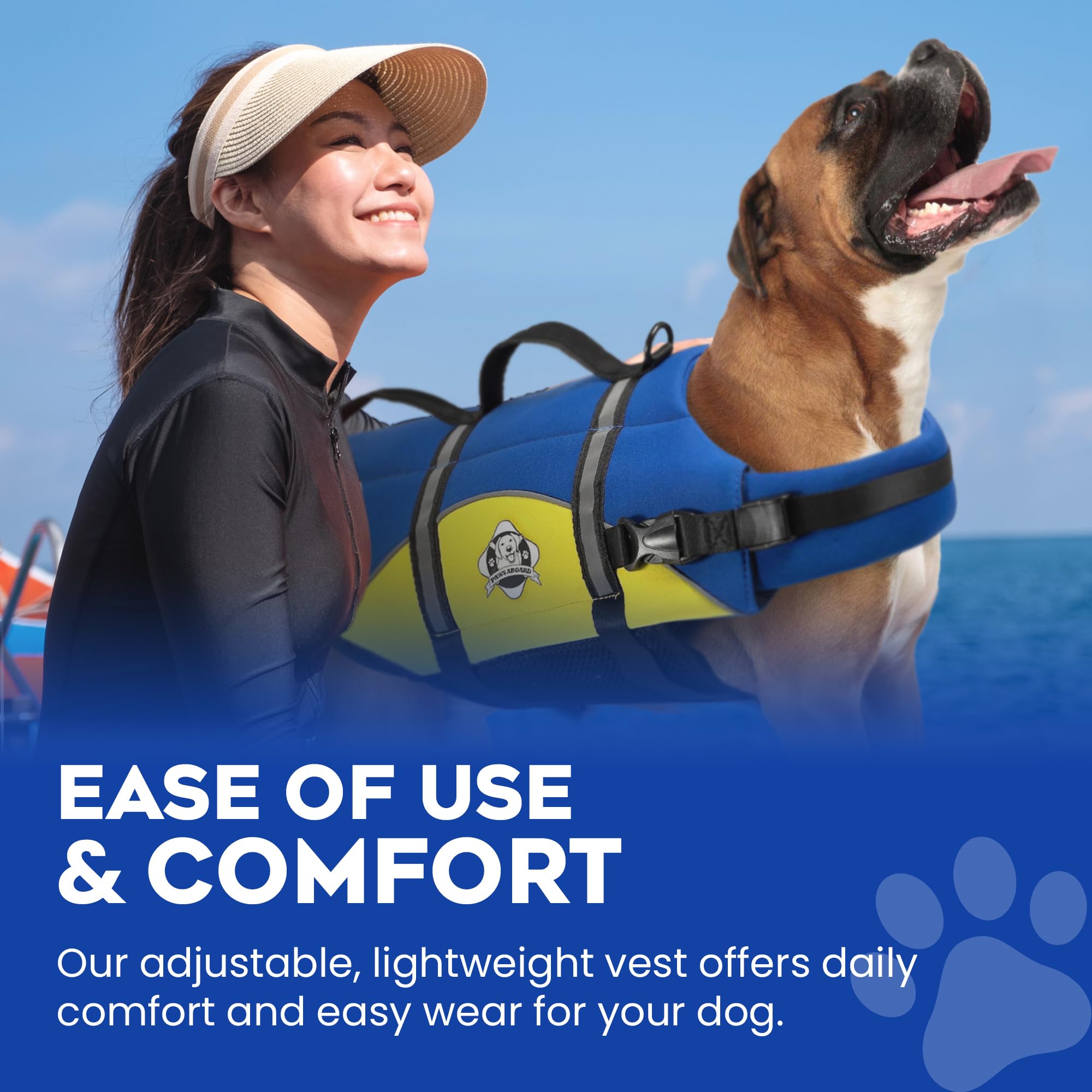 Dog Life Jacket — Premium Swim Vest with SafeChin Anti-Choke Collar | PAWS Aboard Blue & Yellow | RapidLift Rescue Handle, D-Ring, Reflective Trim | Boating, Kayaking, Pool | XX-Small (Under 6 lbs)