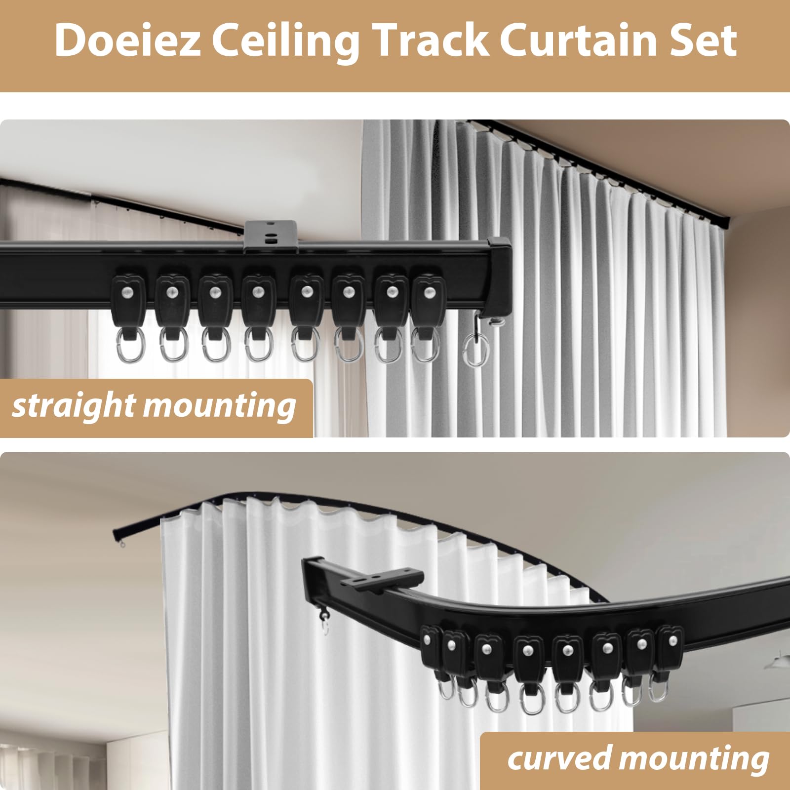 Room Divider Blackout Curtains Flexible Sliding Tracks Sets Ceiling Mounted Rod Window Curtain Privacy Separation for Bedroom Living Rooms,1 Panel Beige Drape and Black Track Set-W108xH72 in