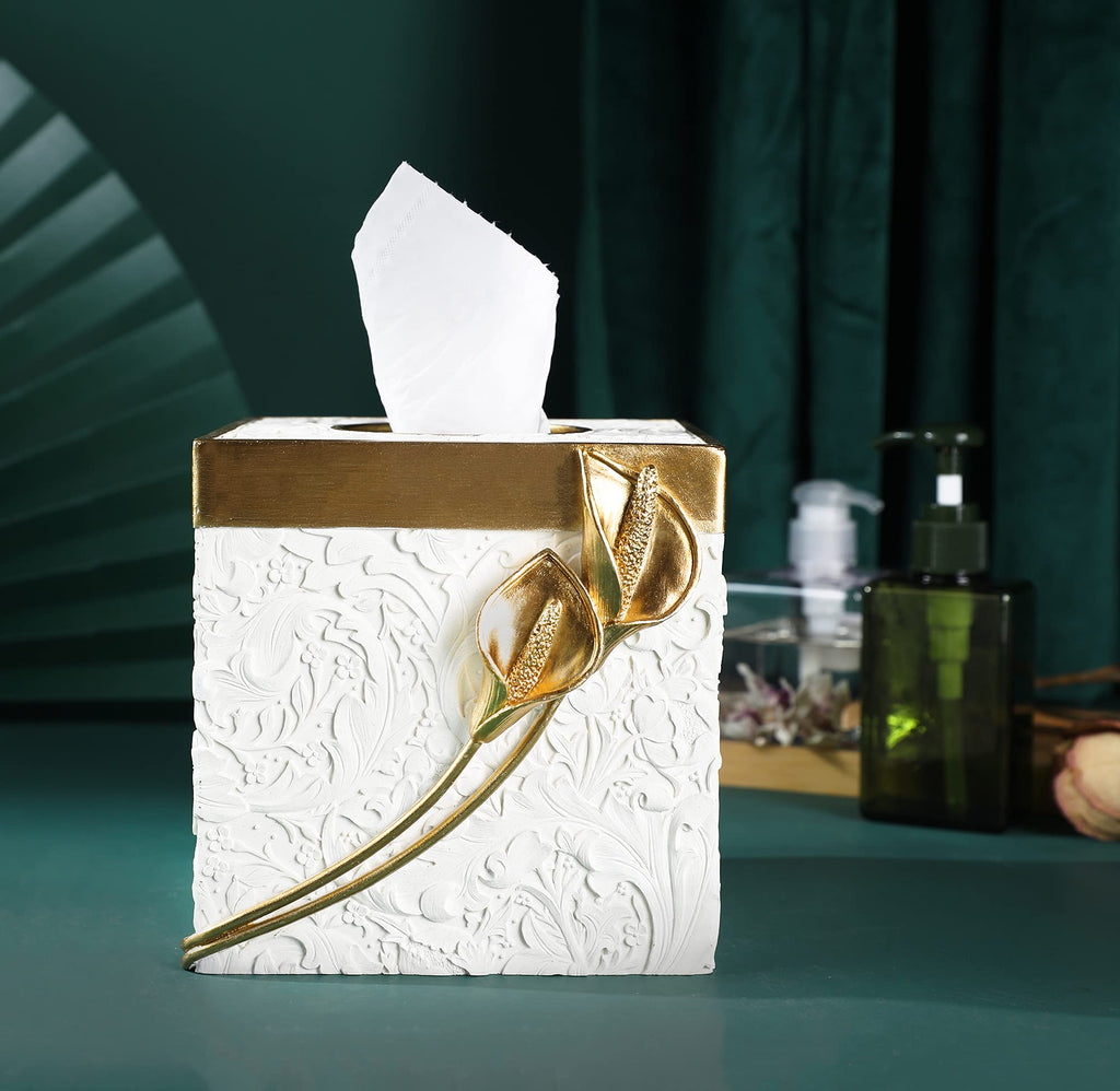 Hymmah Square Tissue Box Cover Holder with Tray,Unique Cube Design Tissue Dispenser Cover Decor for Vanity Counter Tops Also Great for Bedroom and Living Room