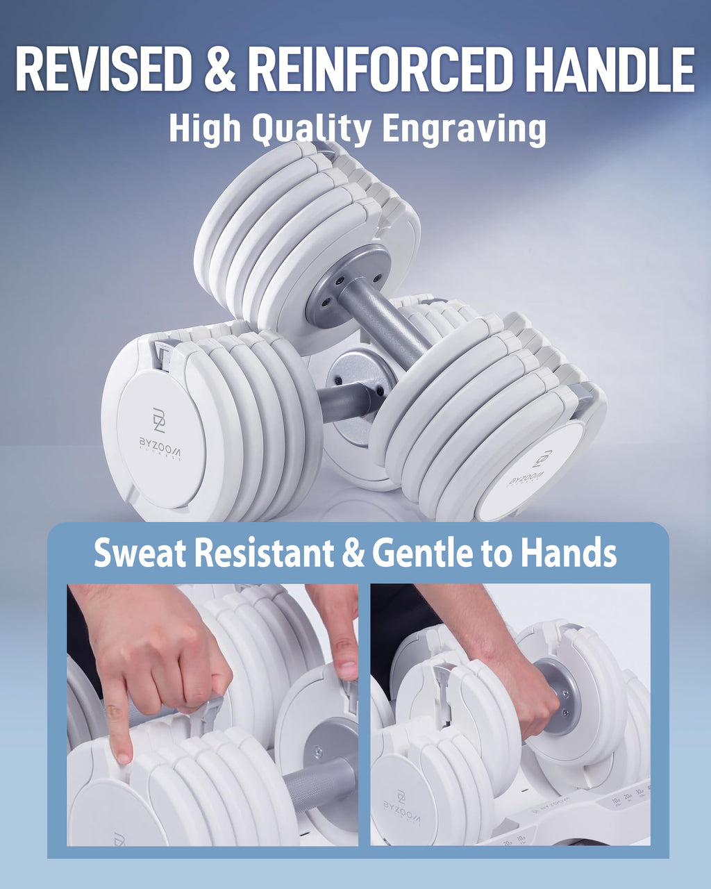 BYZOOM FITNESS Pure Series Adjustable Dumbbell - 12.5/25/27.5/50/55/75lb - ONE UNIT OR PAIR(check QTY before purchase) - 5-in-1/ 10-in-1 / 15-in-1 / 21-in-1 Flexible Hand Weights for Home Apartment Garage Gym, Strength Training & Fitness Workouts, White O
