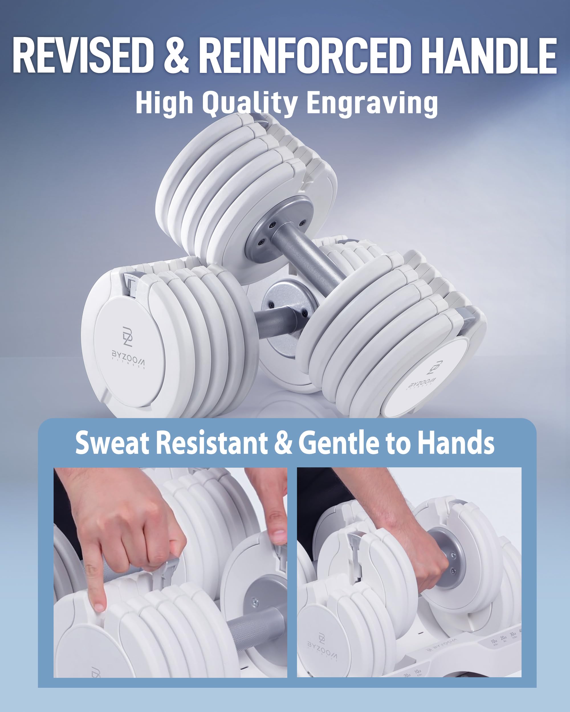 BYZOOM FITNESS Pure Series Adjustable Dumbbell - 12.5/25/27.5/50/55/75lb - ONE UNIT OR PAIR(check QTY before purchase) - 5-in-1/ 10-in-1 / 15-in-1 / 21-in-1 Flexible Hand Weights for Home Apartment Garage Gym, Strength Training & Fitness Workouts, White O