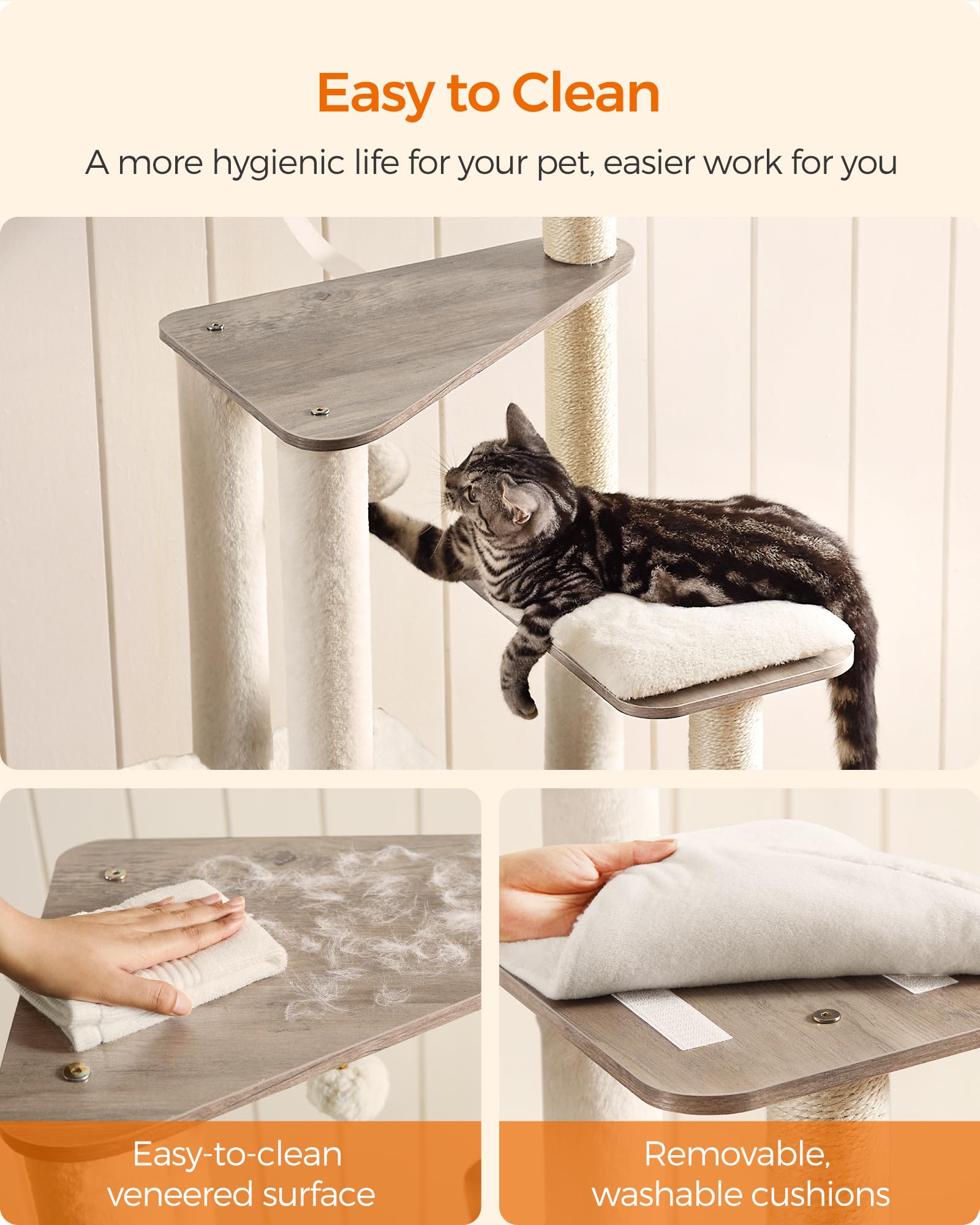 Feandrea Cat Tree, 65-Inch Modern Cat Tower for Indoor Cats, Multi-Level Cat Condo with 5 Scratching Posts, Perch, Washable Removable Cushions, Cat Furniture, Cloud White UPCT166W01