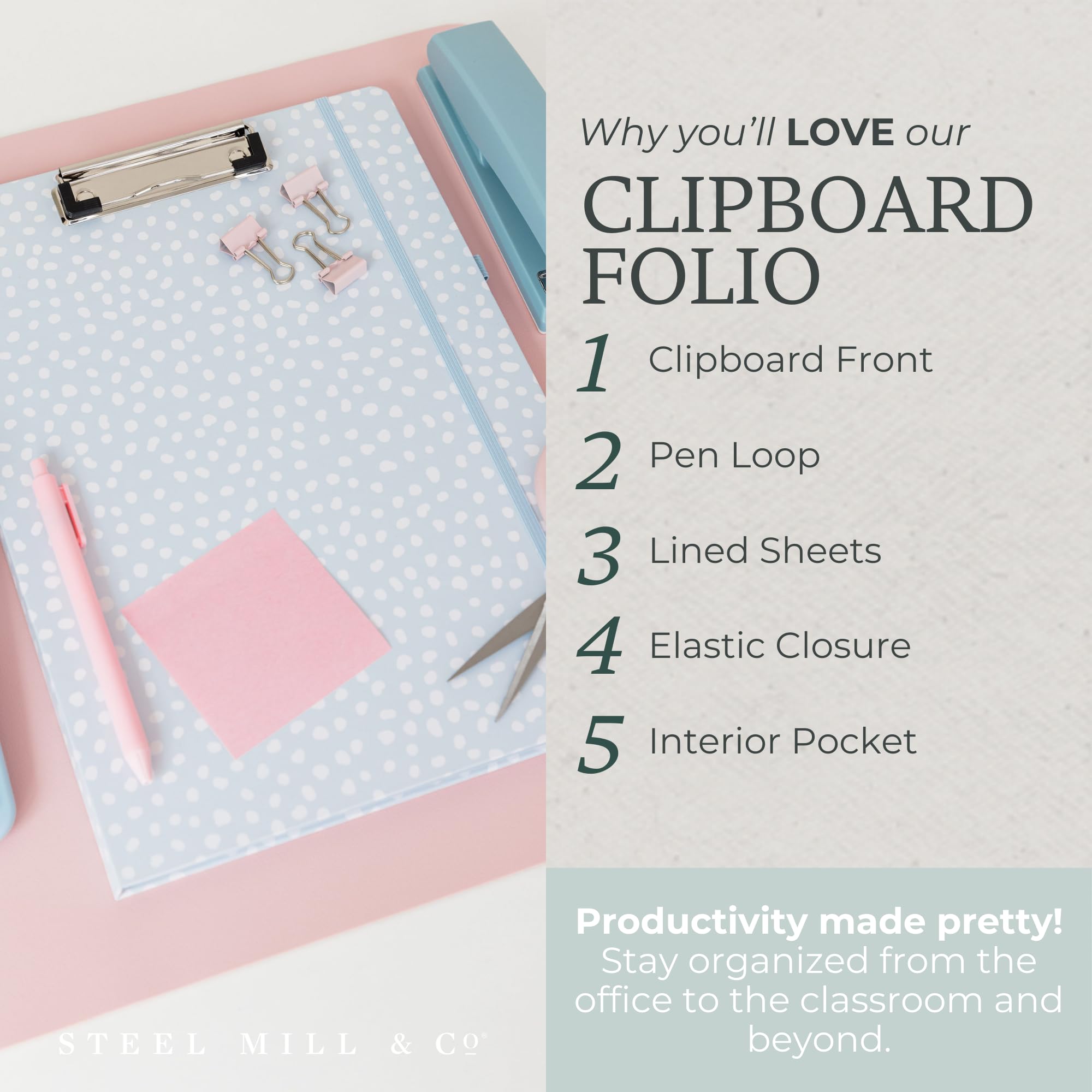 Steel Mill & Co Cute Clipboard Folio with Refillable Lined Notepad and Interior Storage Pocket, Black and White Padfolio for Work, Black Dots