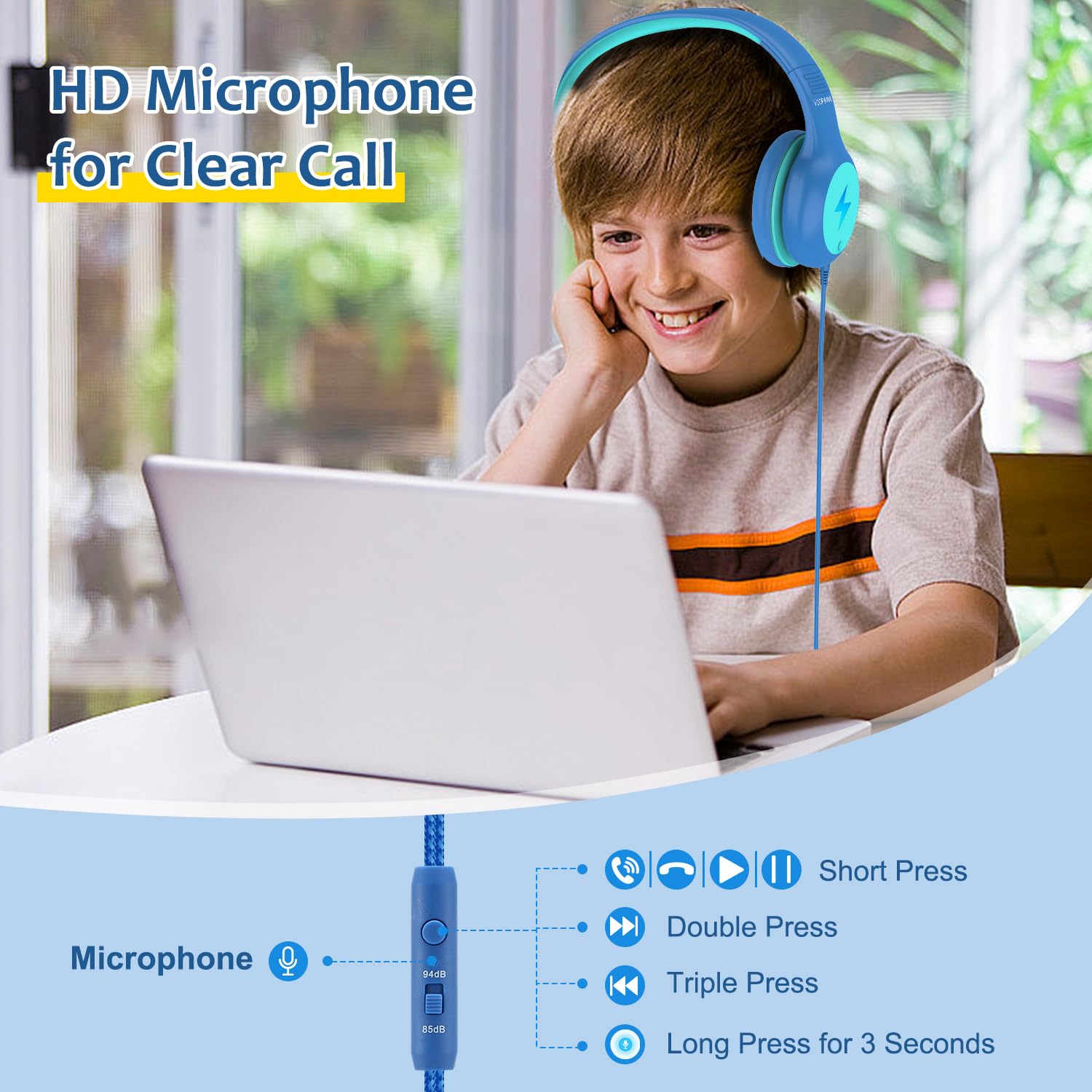 Voopwink Kids Headphones Wired with Microphone, USB Type C Headphones for Kids Girls Boys with Cord/LED Lights/85/94dB Volume Limit, Portable Over Ear Headphones for School/Travel/Tablet/iPad
