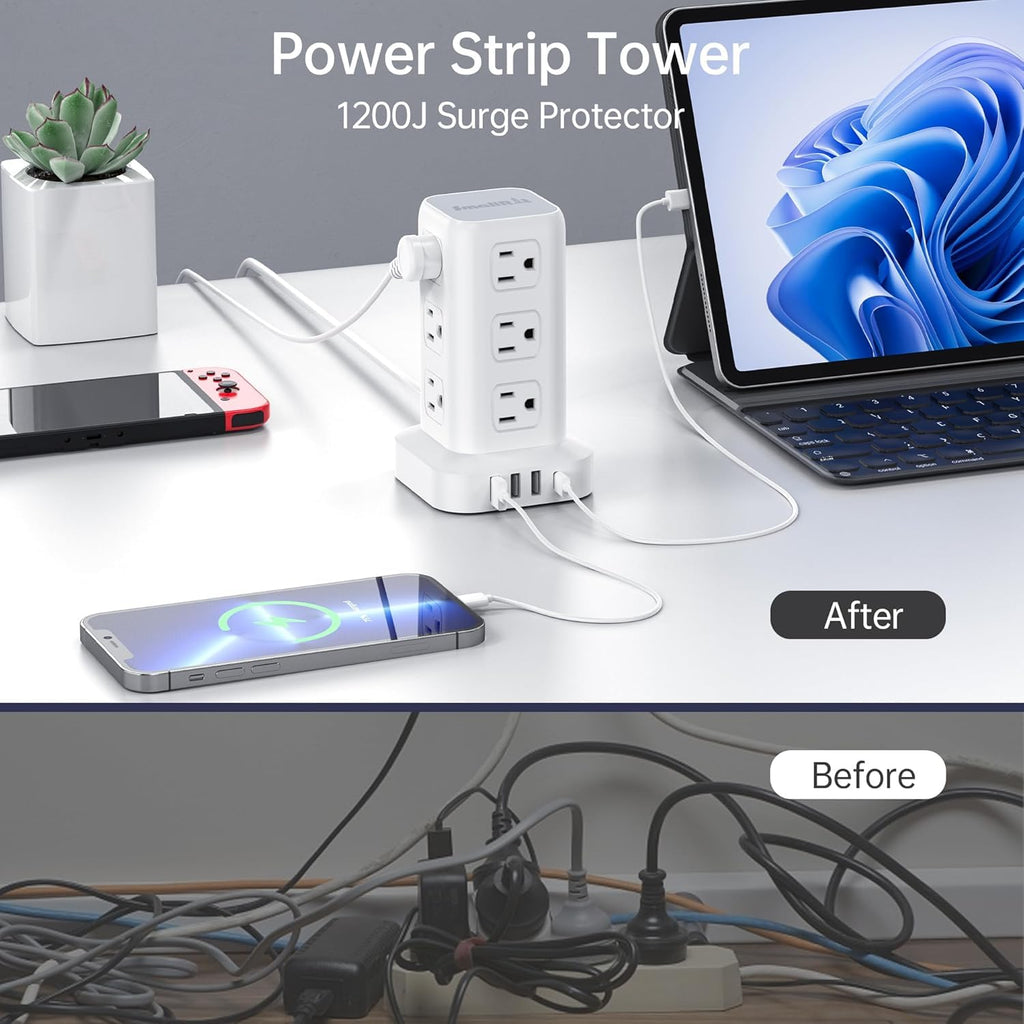Tower Surge Protector Power Strip with 12 Outlets 4 USB (1 USB C), 6.5Feet Extension Cord with Multiple Outlets, Charging Station, Power Strip Tower, Office Desk Supplies