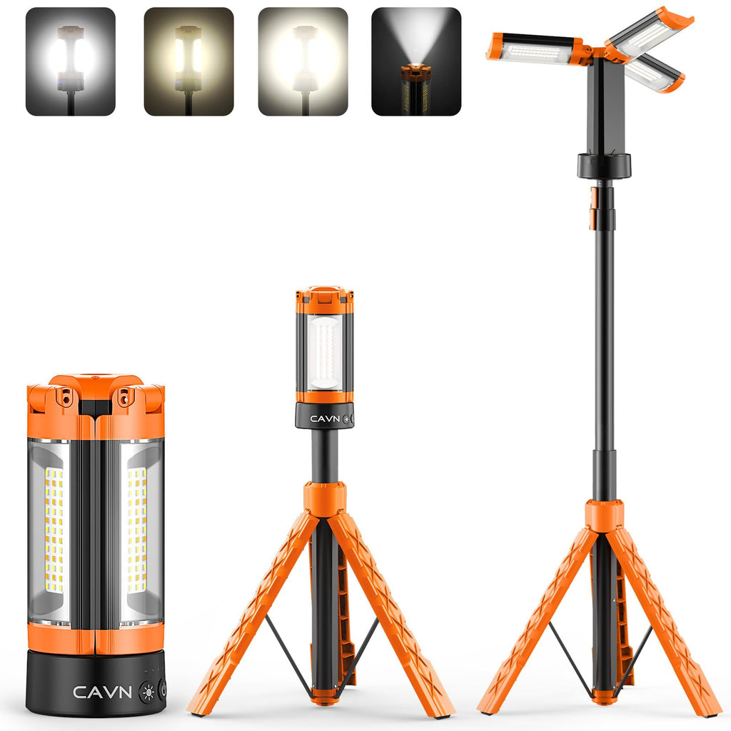 CAVN Rechargeable Camping Lights with Stand 6.0 ft Max Height, Portable Cordless LED Work Light 2200 Lumens 6500/4500/3500K Dimmable Camping Essentials Gear with Detachable Tripod, Black