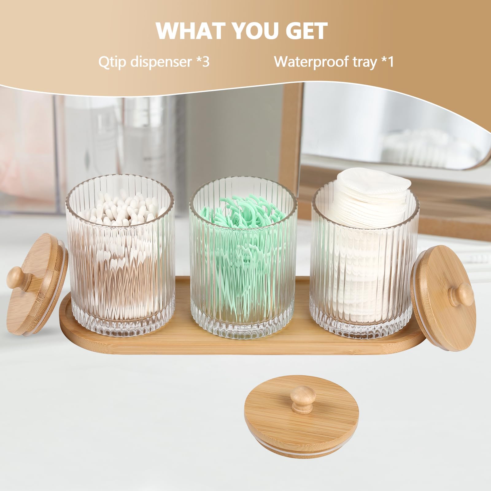 eggs sound 3 Pack Qtip Holder - Bathroom Organizers and Storage, Cotton Round Holder Floss Pick Cotton Ball Holder Swab Dispenser Set with Tray, Glass Apothecary Jars with Lids, -sw clear y