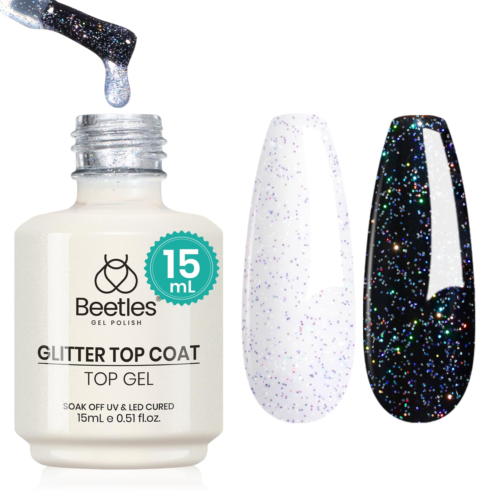 Beetles Heart Gel Top Coat 15ml - Hema Free Glitter Shine No Wipe Top Coat Long-Lasting for Gel Polish, Pink Heart Sparkle Soak Off UV LED Gift for Women