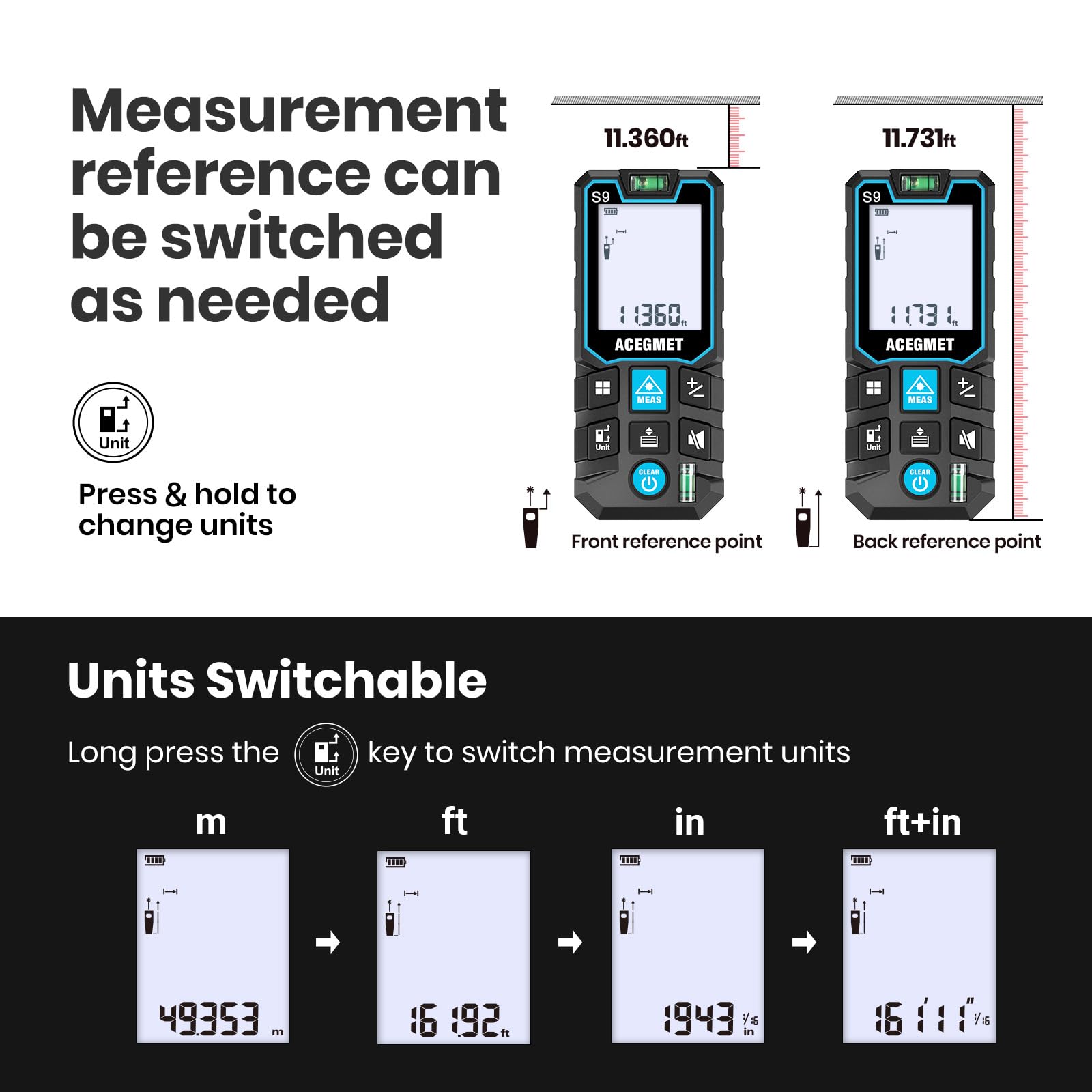 ACEGMET Laser Measure, 229ft/70m Laser Measurement Tool, S9 Room Laser Measuring Tool with 2 Bubble Levels, LCD Backlit Display, IP54 Waterproof, Pythagorean Mode for Distance, Area, Volume