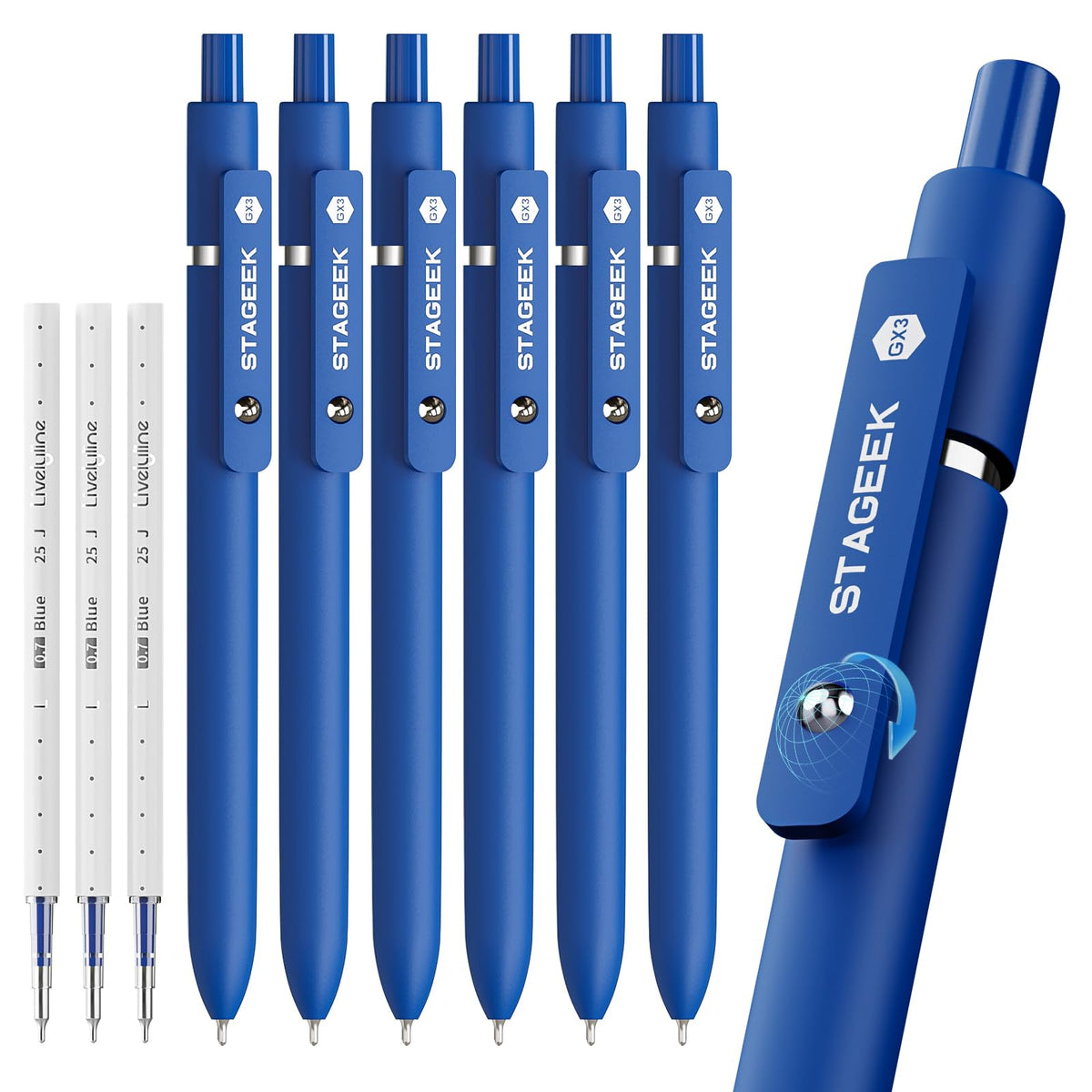 STAGEEK Blue Gel Pens GX3, 12Pcs Quick Dry Blue Ink Pens with 3 Extra Refills, Fine Point Retractable Smooth Writing Pens for Journaling, Office, Note Taking, School Supplies, Nurse Aesthetic(Blue)