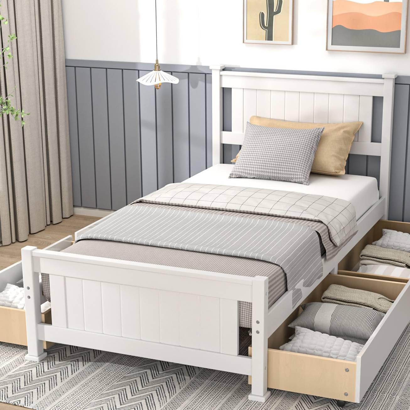 Bonnlo Twin Size Solid Wood Platform Bed Frame, Single Bed with Headboard, No Box Spring Needed Panel Bed, Wood Slat Support Mattress Foundation, White