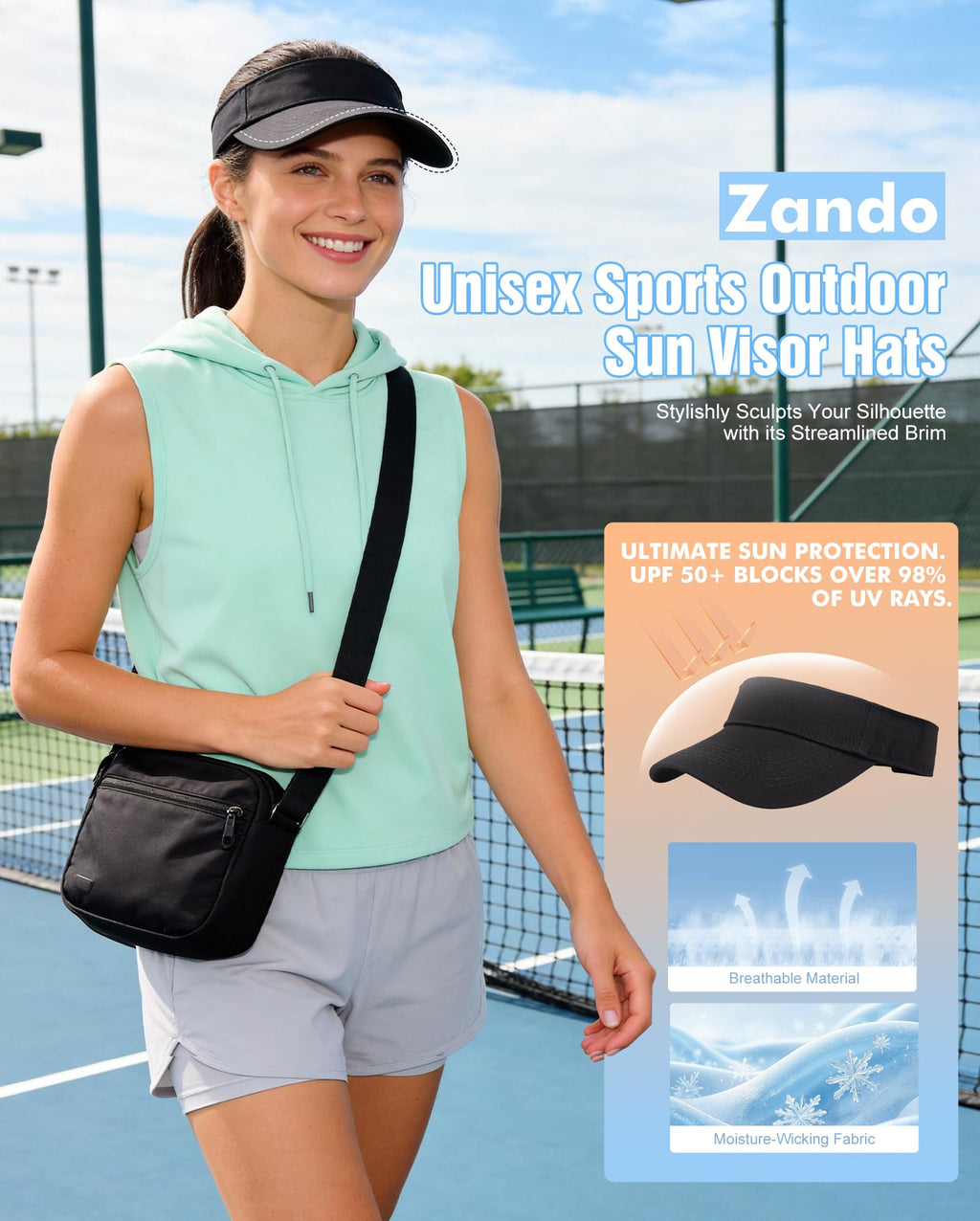 Zando 3.2" Structured Brim Sun Visor Hats for Women, Quick-Dry Lightweight Sports Visor for Golf, Tennis, Pickleball