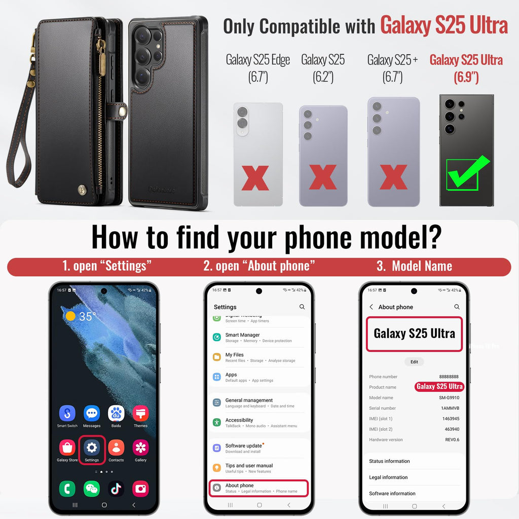 Defencase for Samsung Galaxy S25 Ultra Magnetic Wallet Case Compatible with Magsafe with RFID Blocking Zipper & Card Holder Women, PU Leather Detachable Phone Case for Galaxy S25 Ultra 6.9", Black