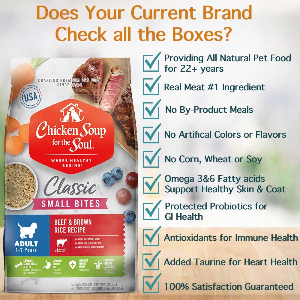 Chicken Soup for The Soul All Natural Premium Small Bites Adult Dry Dog Food, Real Meat First Ingredient, No by-Products, Supports Gut & Immune Health, Beef & Brown Rice, 13.5lb