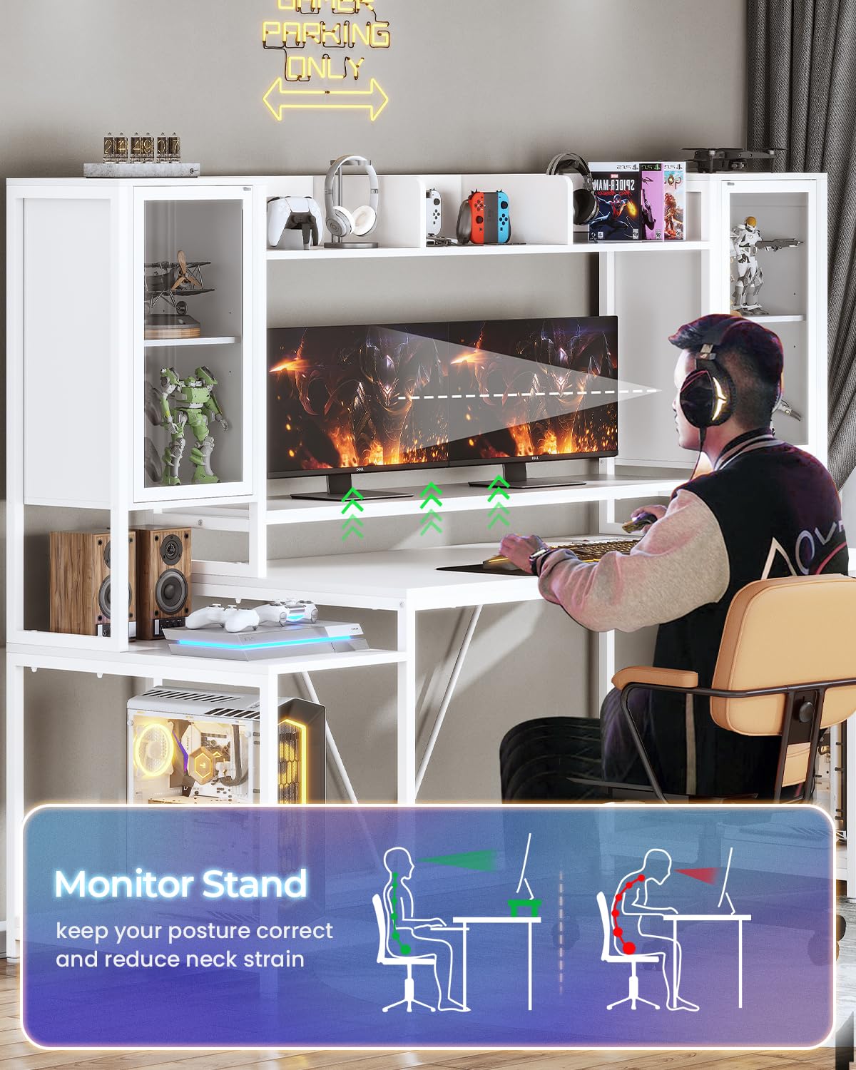 SEDETA Gaming Desk 74.8'' with LED Lights, Hutch and Storage Shelves, Computer Desk with Monitor Stand, Large PC Gamer Desk Workstation, Ergonomic Gaming Table for Bedroom, Living Room, Black