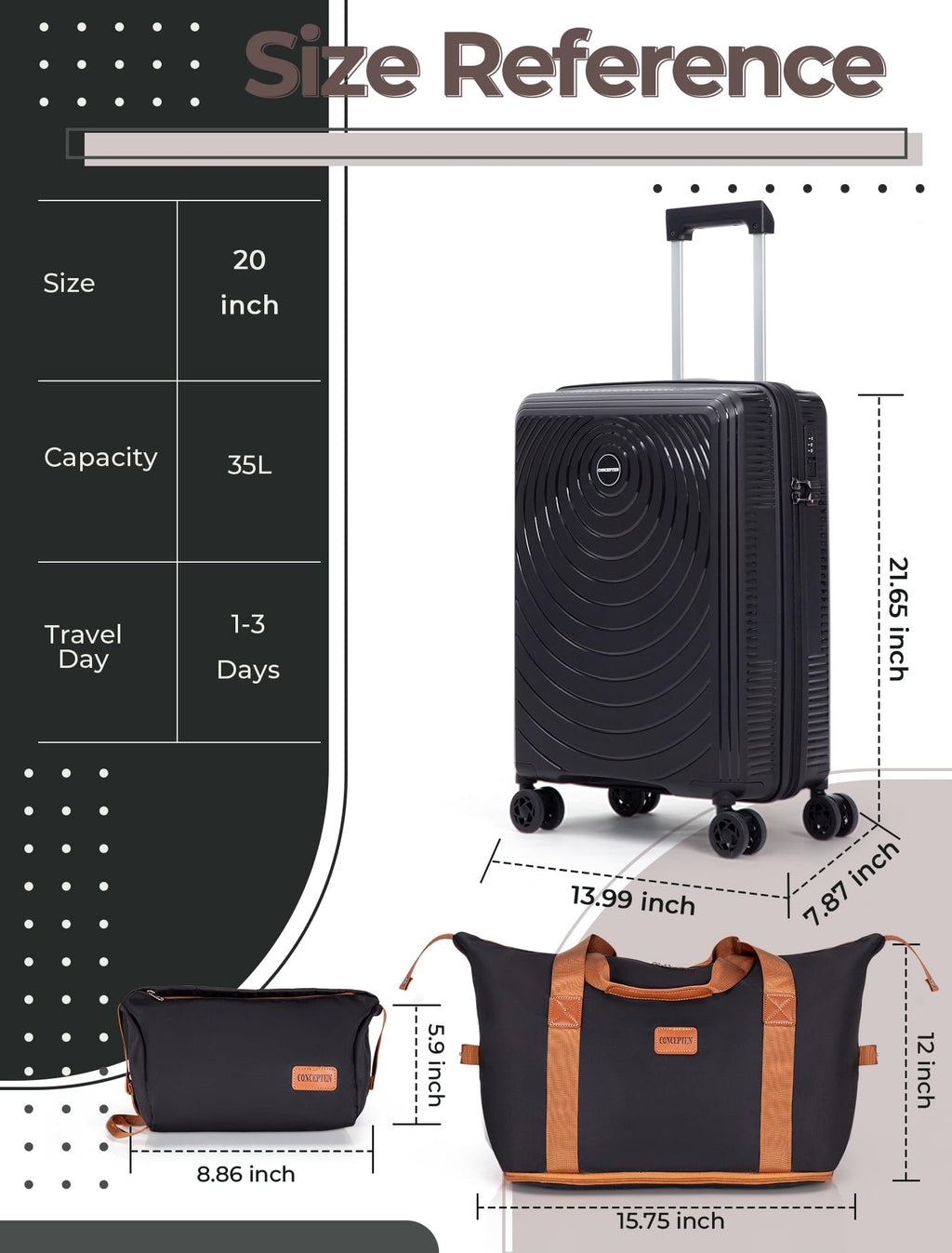 CONCEPTEN Luggage Sets,Suitcases with Wheels, Hardshell Suitcase Set, PP Carry on Luggage Set with TSA Lock, Travel Luggage (Black, Bag Type)