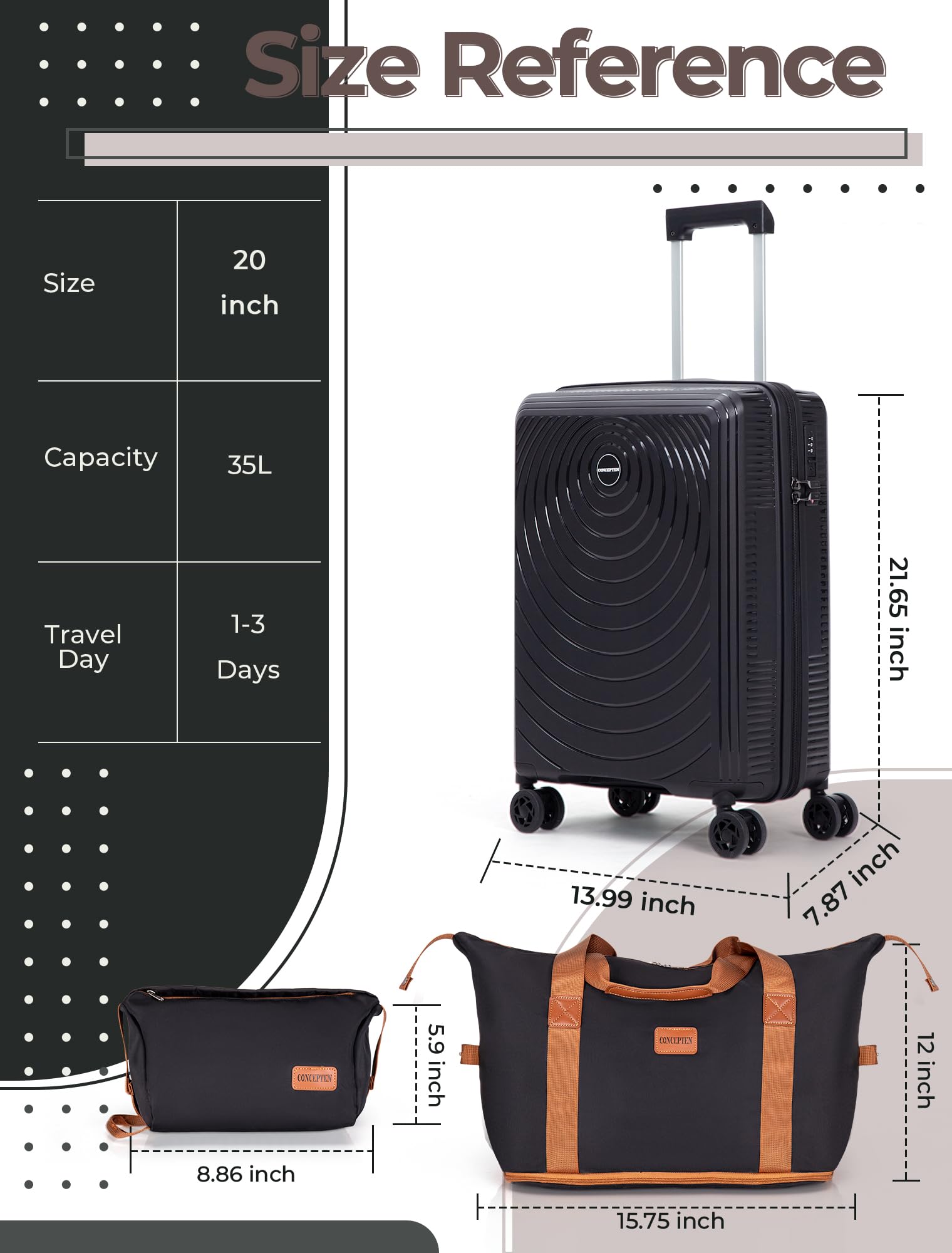 CONCEPTEN Luggage Sets,Suitcases with Wheels, Hardshell Suitcase Set, PP Carry on Luggage Set with TSA Lock, Travel Luggage (Black, Bag Type)