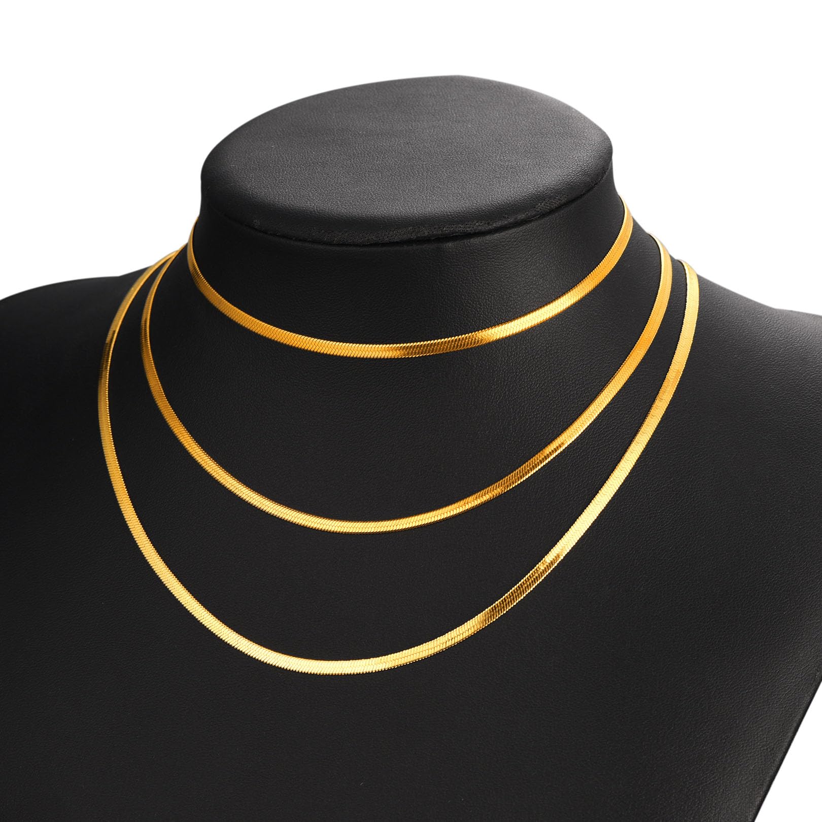 FOCALOOK 14K Gold Plated Necklaces for Women, Fashion Herringbone Choker Necklace Stainless Steel Flat Snake Chain 3/5MM(W) 12.5"/15"/18"+3.5"(L)