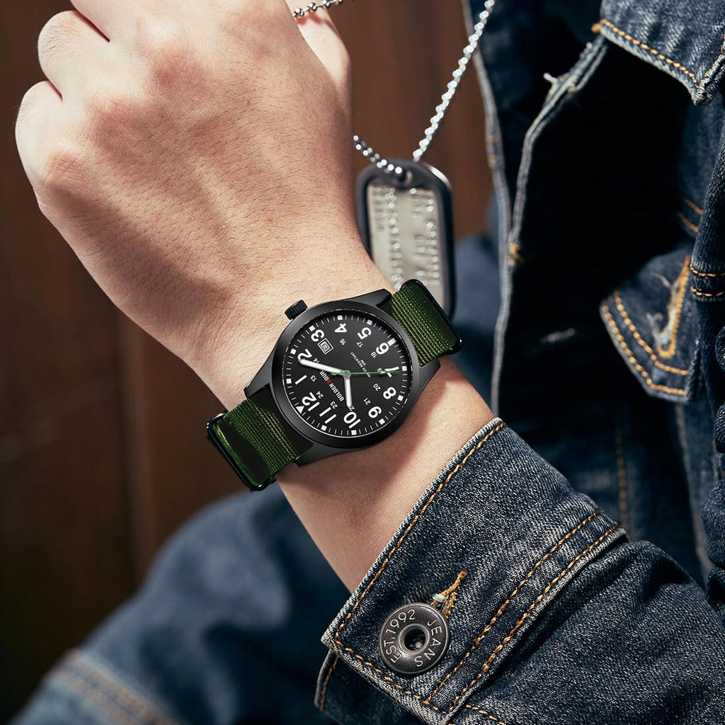 GOLDEN HOUR Men's Nylon Slip-Thru Strap Watch with Military Time Easy Read Dial Glowing Hands