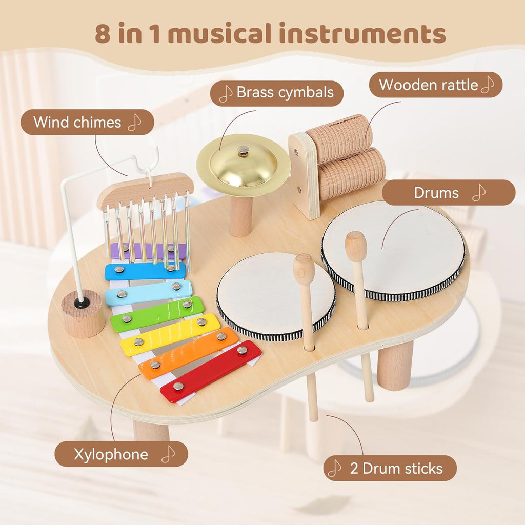 Wooden Drum Set for Toddlers 1-3, Musical Percussion Instruments for Kids Baby Drum Set Xylophone, Montessori Educational Musical Toys for Girls Boys Ages 3+
