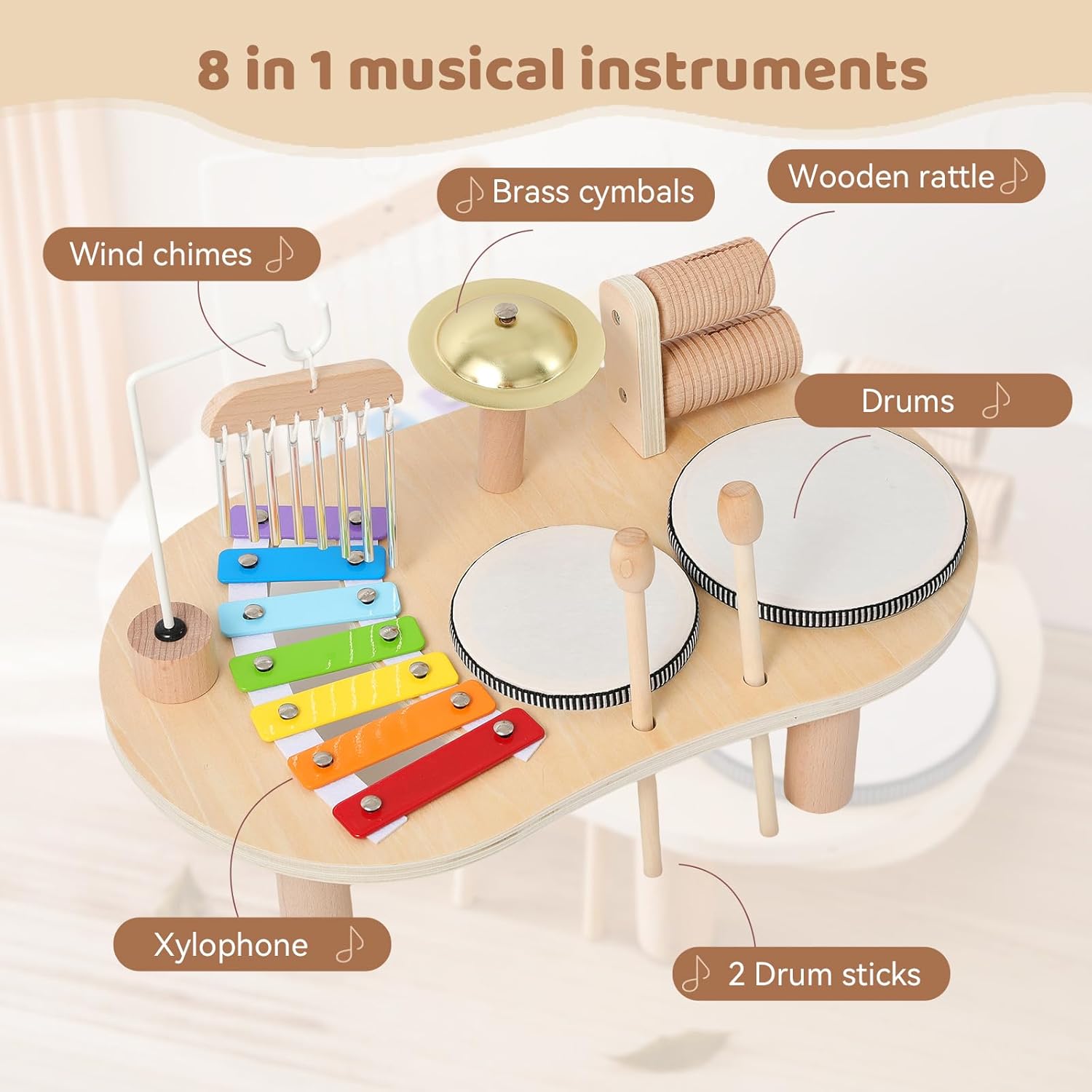 Wooden Drum Set for Toddlers 1-3, Musical Percussion Instruments for Kids Baby Drum Set Xylophone, Montessori Educational Musical Toys for Girls Boys Ages 3+