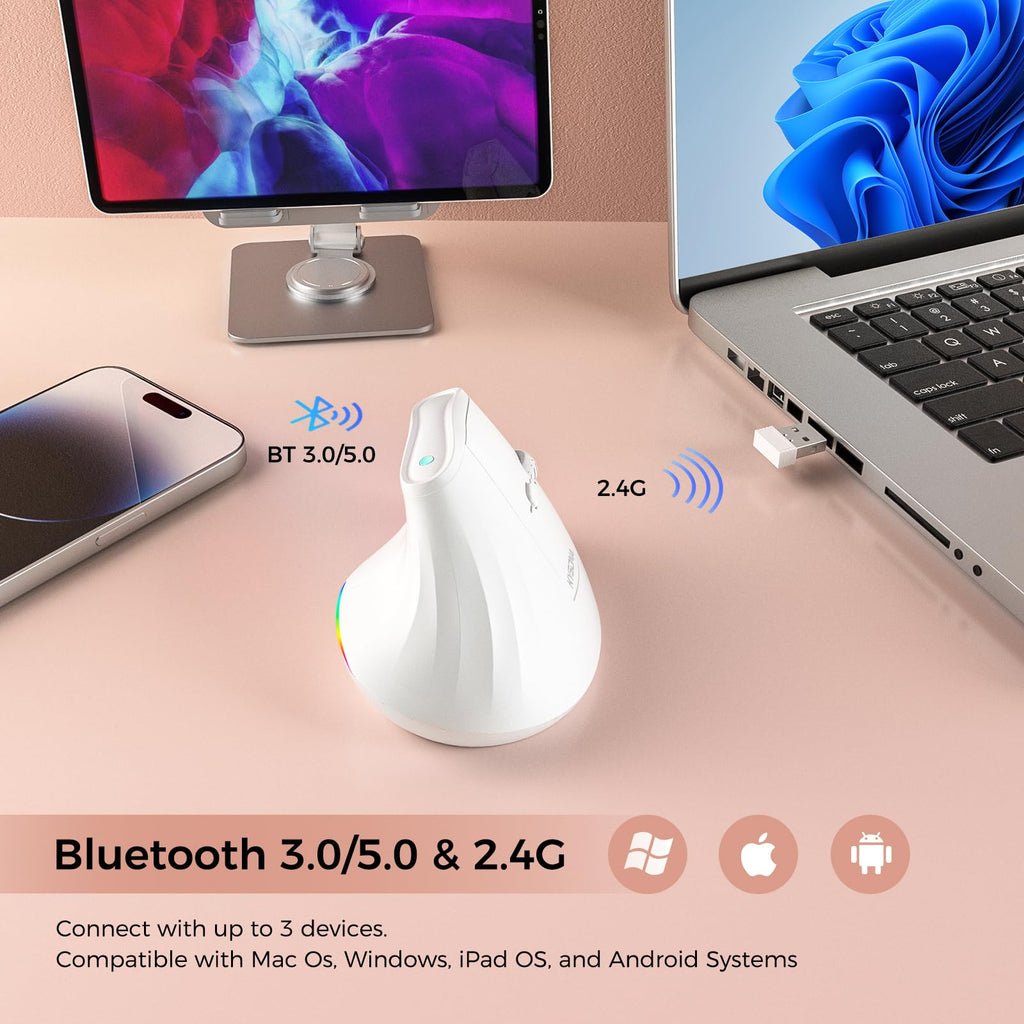 KYSONA Ergonomic Mouse Wireless, Bluetooth Vertical Mouse, 5-Level Adjustable DPI, 2.4G Silent Switch Mice for Windows, MacOS, IPadOS, Laptop, PC, Black