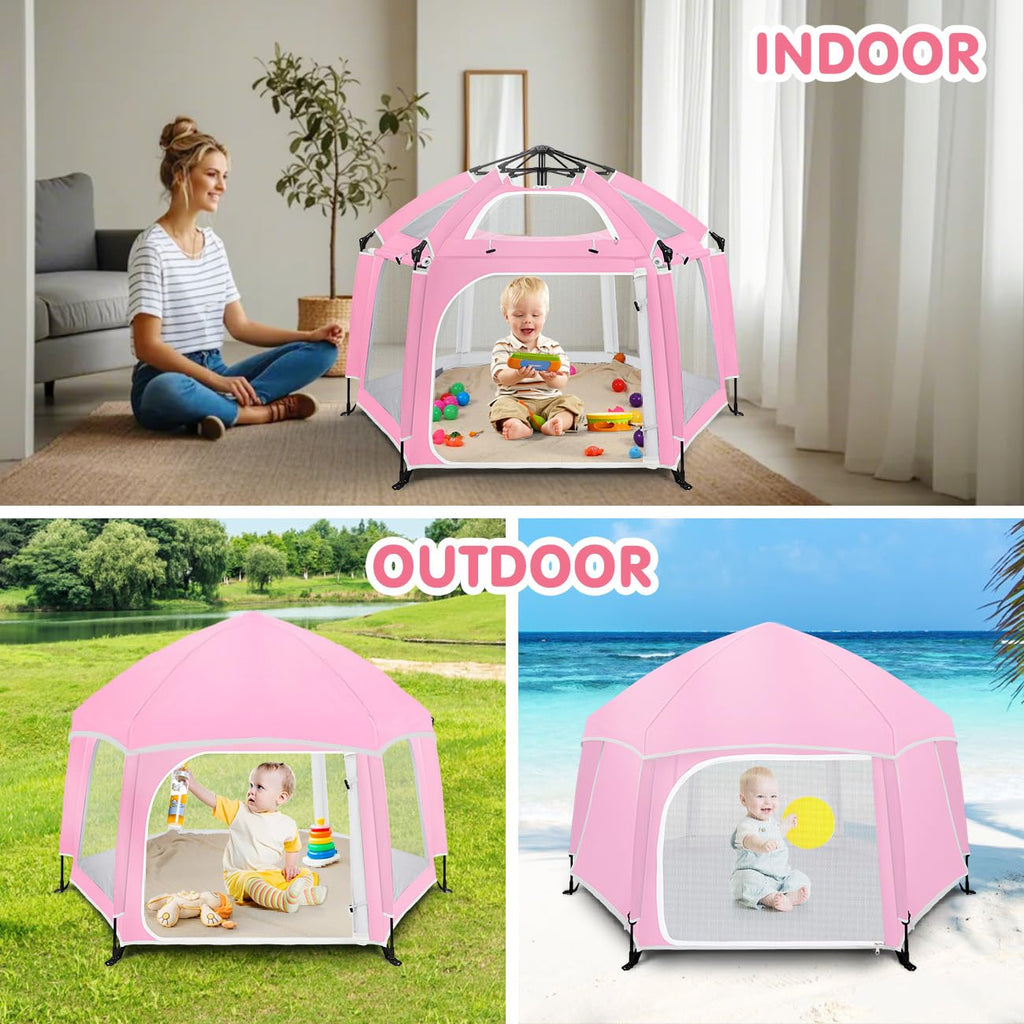 Pop Up Playpen for Baby, Portable Playpen for Babies and Toddlers with Removable Sun-Shades& 2 Side UV Covers, Lightweight Outdoor Baby Play-Pen for Beach Home with Travel Bag, Beige