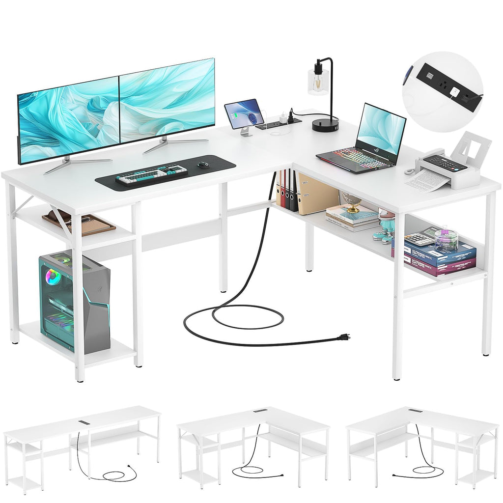 Reversible L Shaped Gaming Desk with Power Outlets and USB Charging Ports, Sturdy Computer Desk with Storage Shelf, Modern Corner Desk Home Office Table, Easy to Assemble, Gray Oak