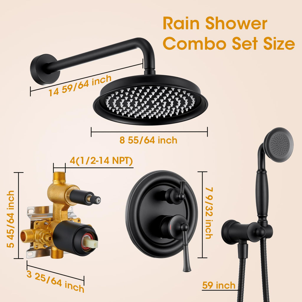 Rainfall Shower Head with Handheld Combo, Brushed Gold Shower System with Balance Pressure Valve, 9 inch Shower Head and Faucet Set, Rain Shower Head with Handheld Spray Wall Mount(B2312-BG)