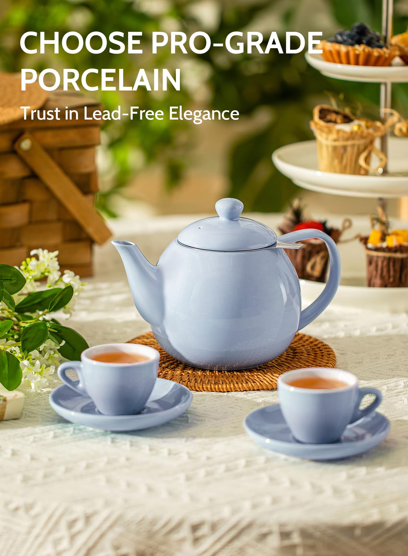 Sweese Porcelain Teapot 27 oz with Infuser for Loose Leaf Tea, Bluish Grey