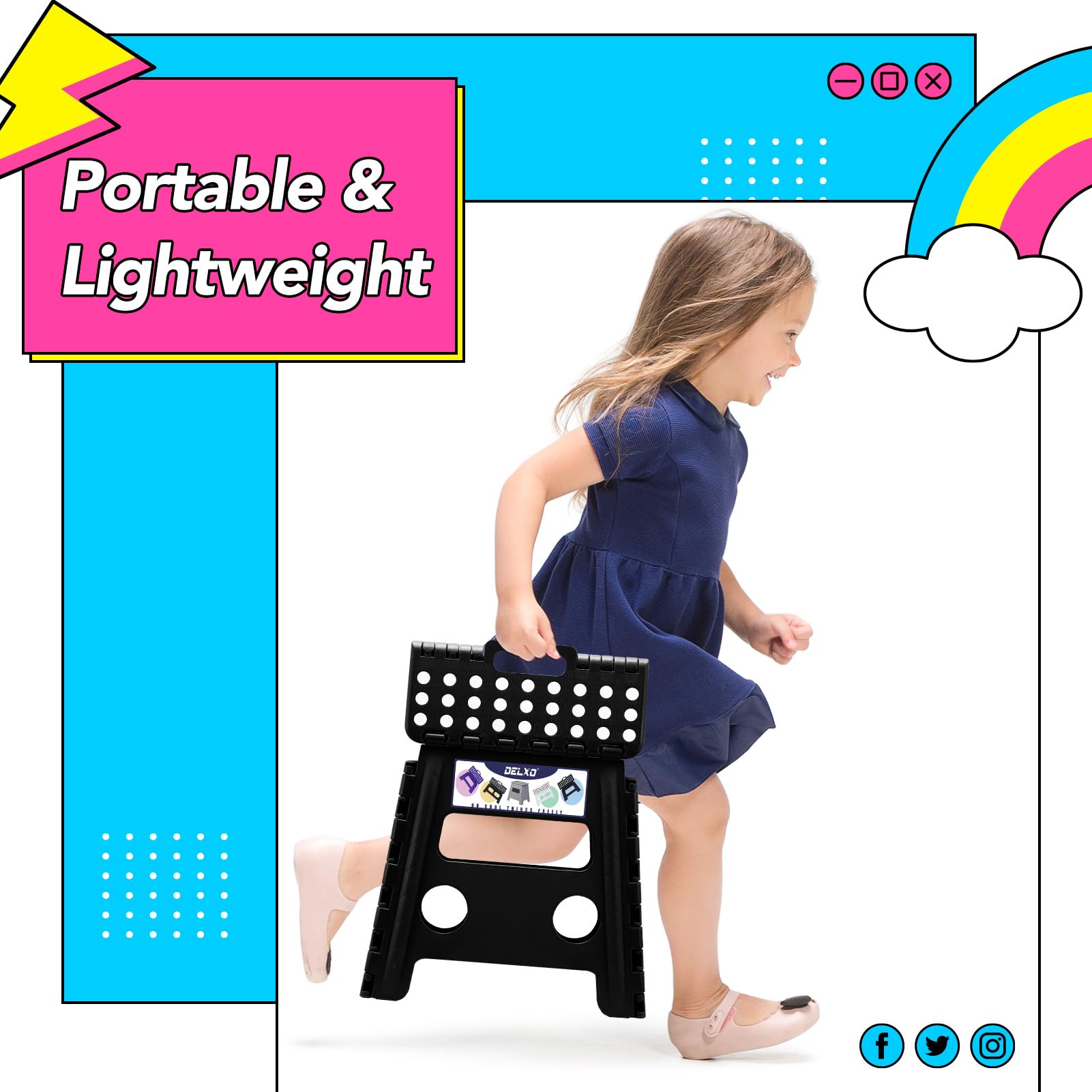 Delxo 11 inch 2 Pack Folding Step Stool, Non-Slip Foldable Stools Up to 300 LBS, Step Stool with Handle, Lightweight Collapsible stools for Kitchen, Bathroom, Bedroom, Garden (Black)