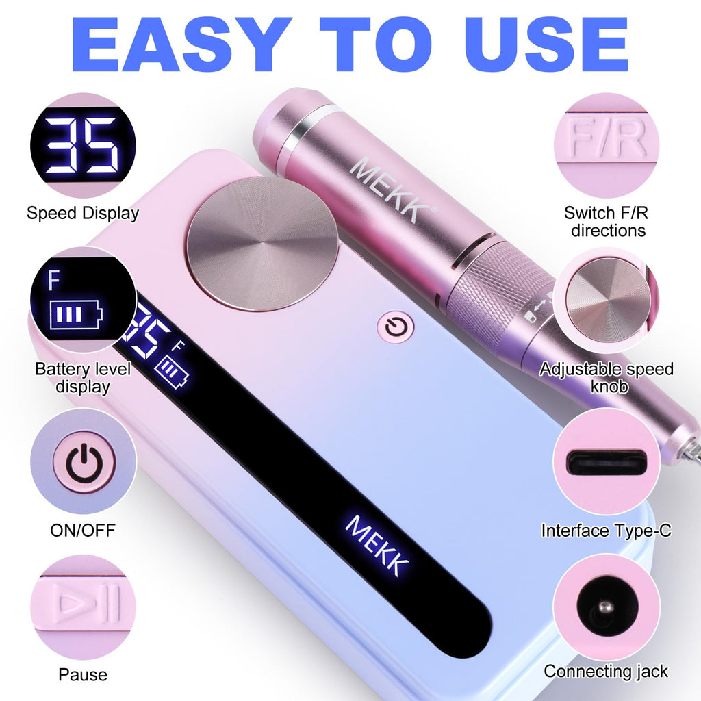 MEKK Nail Drill Kit,35000RPM Electric Nail Drill Professional Electric Nail File with 12PCS Bits,Anti-Shaking Cordless E Filer for Nails with LCD Display,Home & Salon (Orange Blue)