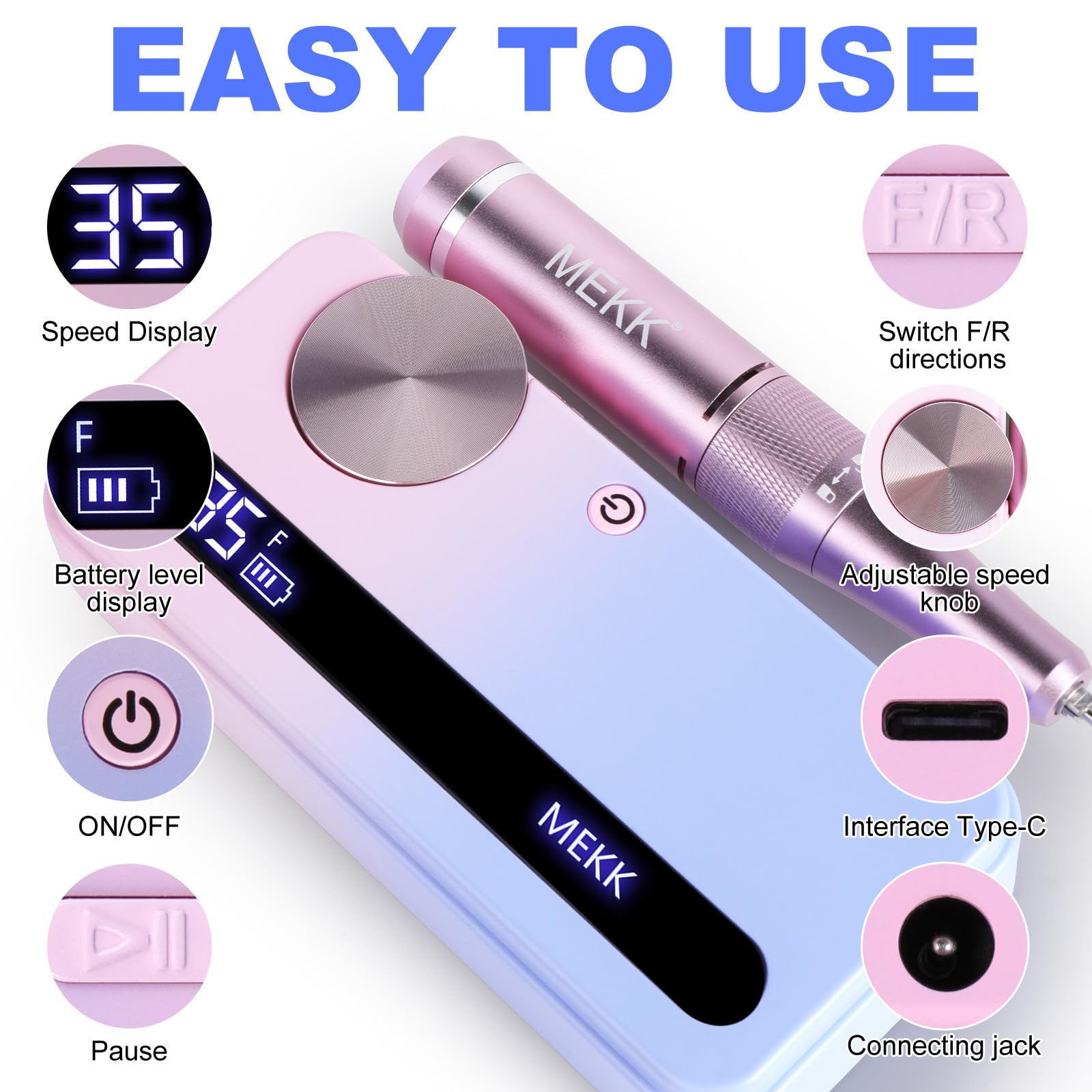MEKK Nail Drill Kit,35000RPM Electric Nail Drill Professional Electric Nail File with 12PCS Bits,Anti-Shaking Cordless E Filer for Nails with LCD Display,Home & Salon (Orange Blue)