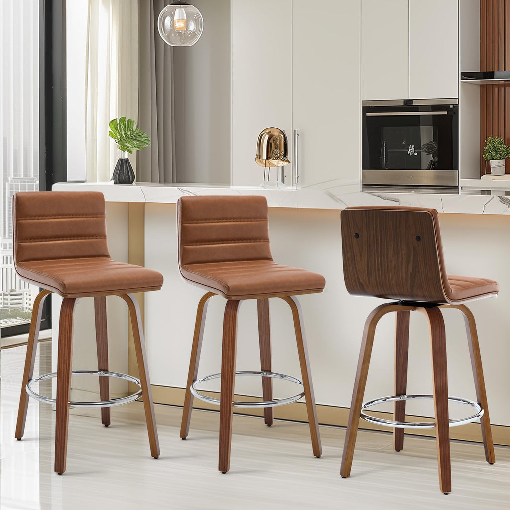 Bar Stools 29 Inch Bar Height, Swivel Bar Stools with Backs Upholstered PU Leather Barstool, L Shape Back and Padded Seat, Mid-Century Modern Bar Stool Pub Chairs for Kitchen Counter Island, Black